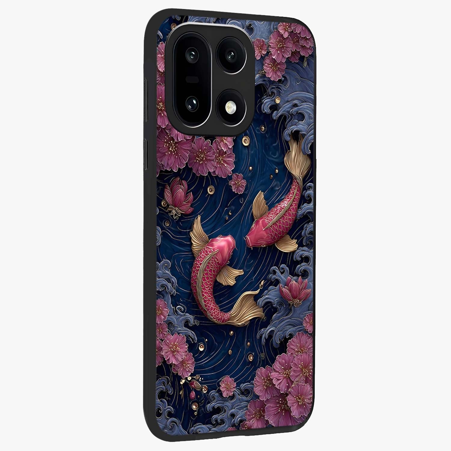 Koi Wave Dance Glass Case for 1+15 side perspective highlighting dynamic motion detailing and smooth build