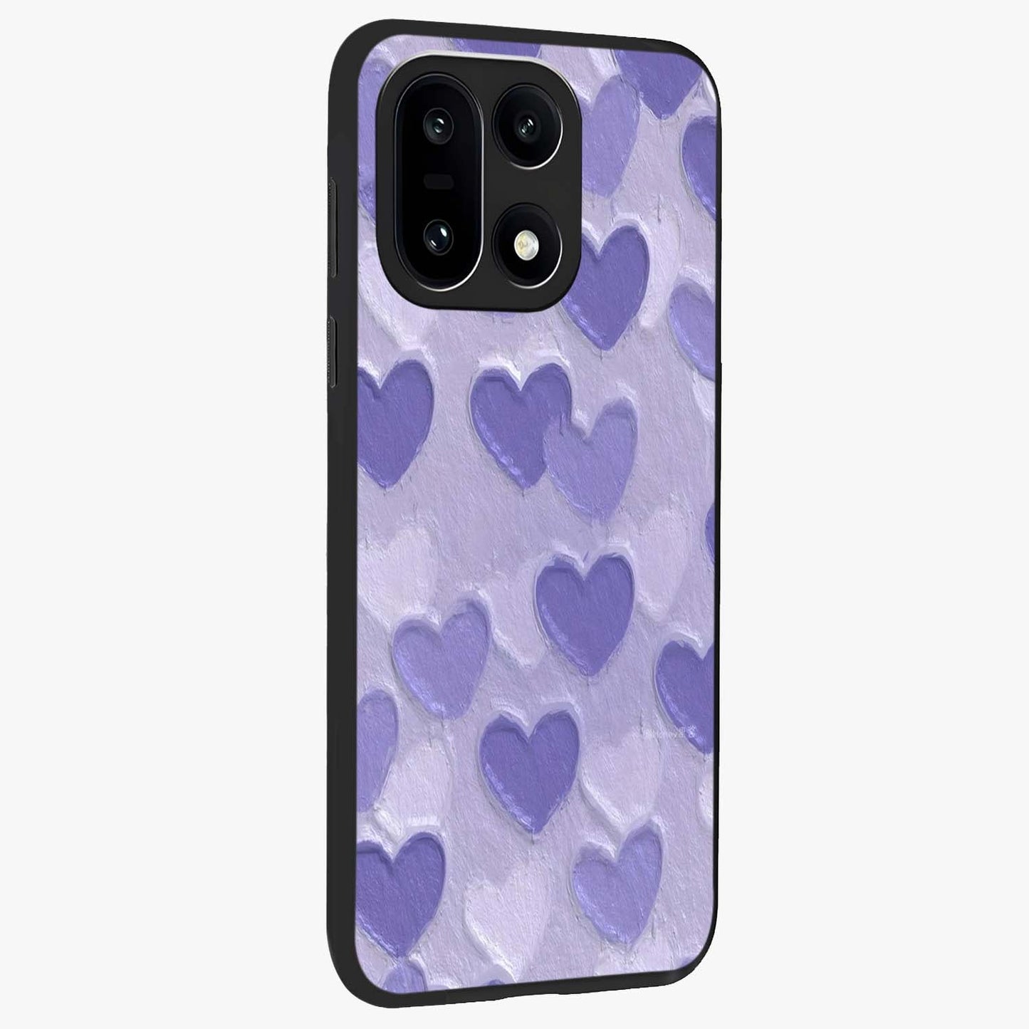 Lavender Paper Hearts Glass Case for 1+15 side perspective highlighting delicate heart textures and sleek build