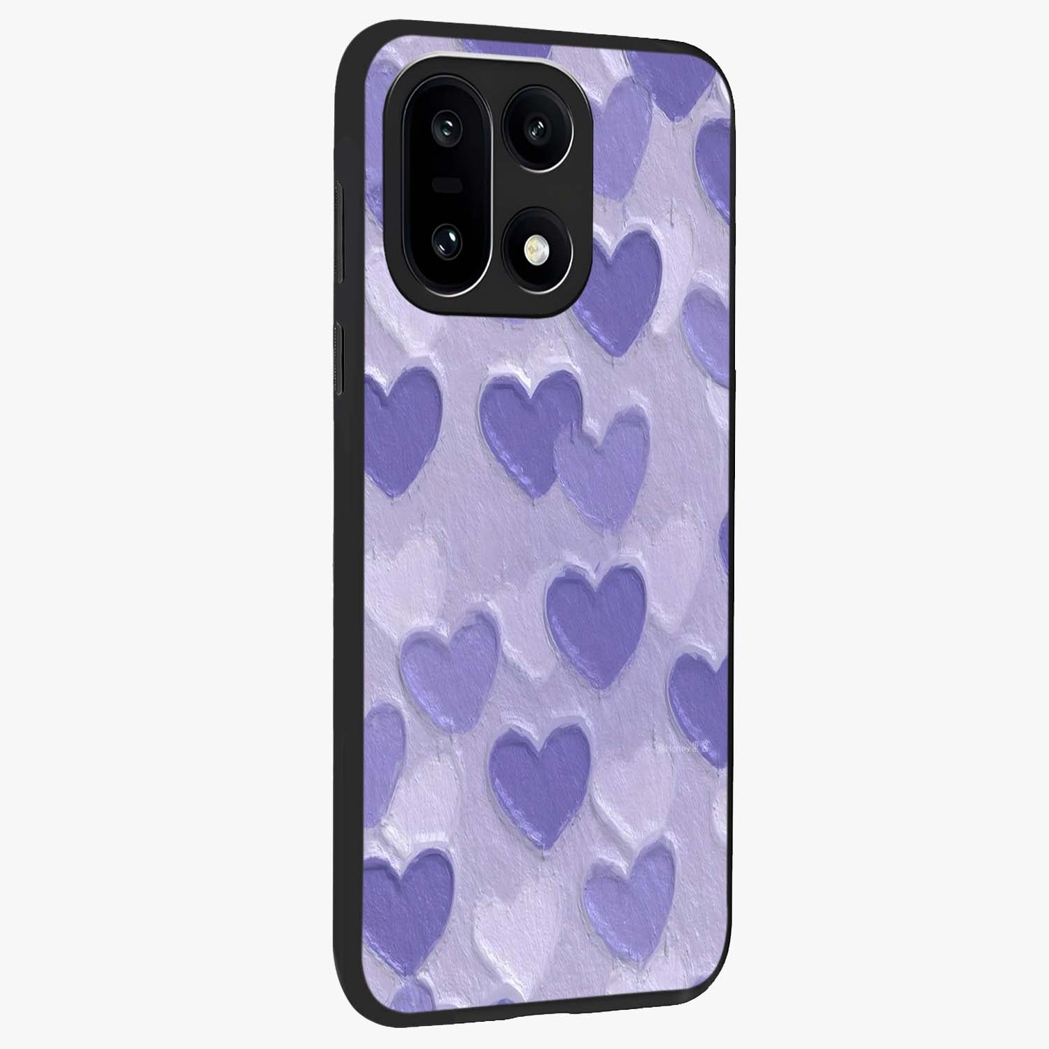 Lavender Paper Hearts Glass Case for 1+15 side perspective highlighting delicate heart textures and sleek build