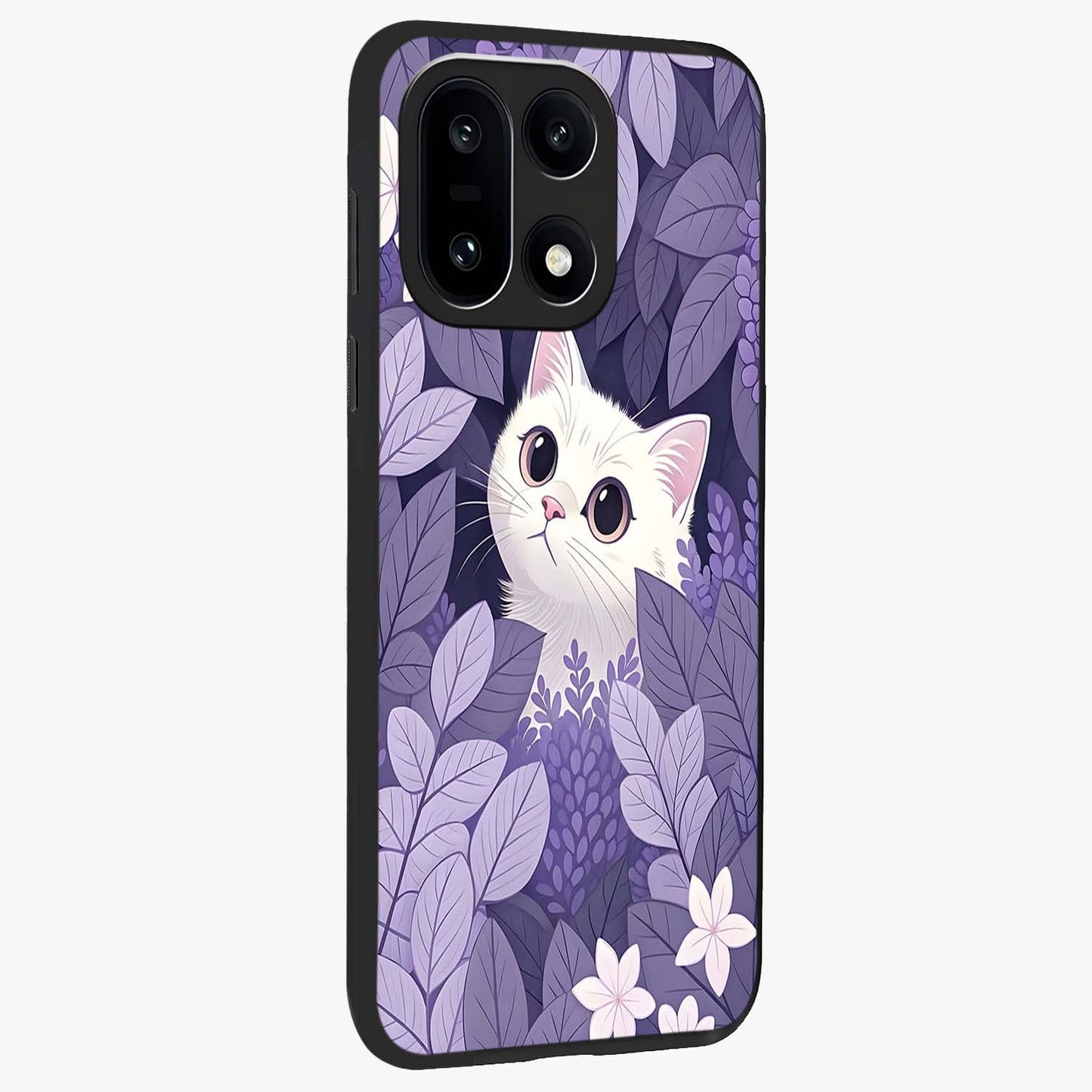 Lilac Hide Peek Cat Glass Case for 1+15 side perspective highlighting charming feline textures and smooth edges