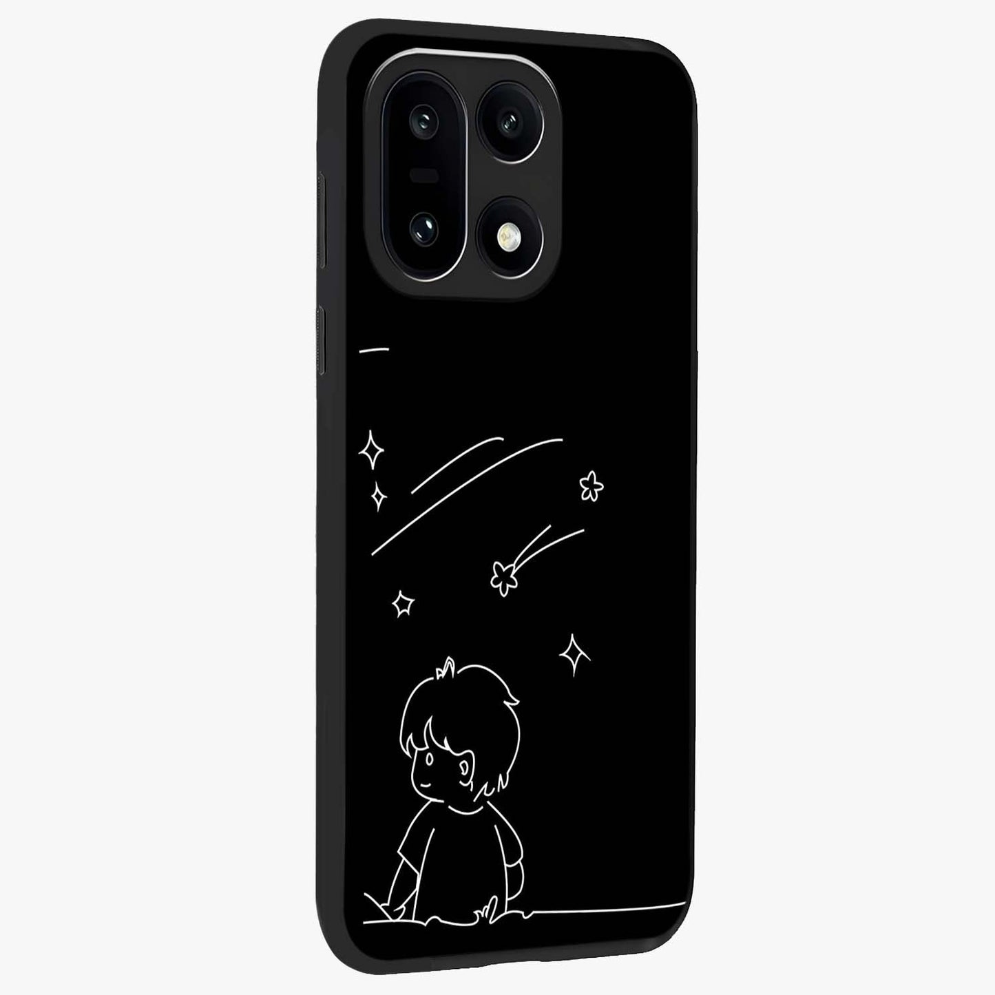 Line Art Boy With Shooting Stars Glass Case for 1+15 side perspective highlighting delicate line textures and smooth edges