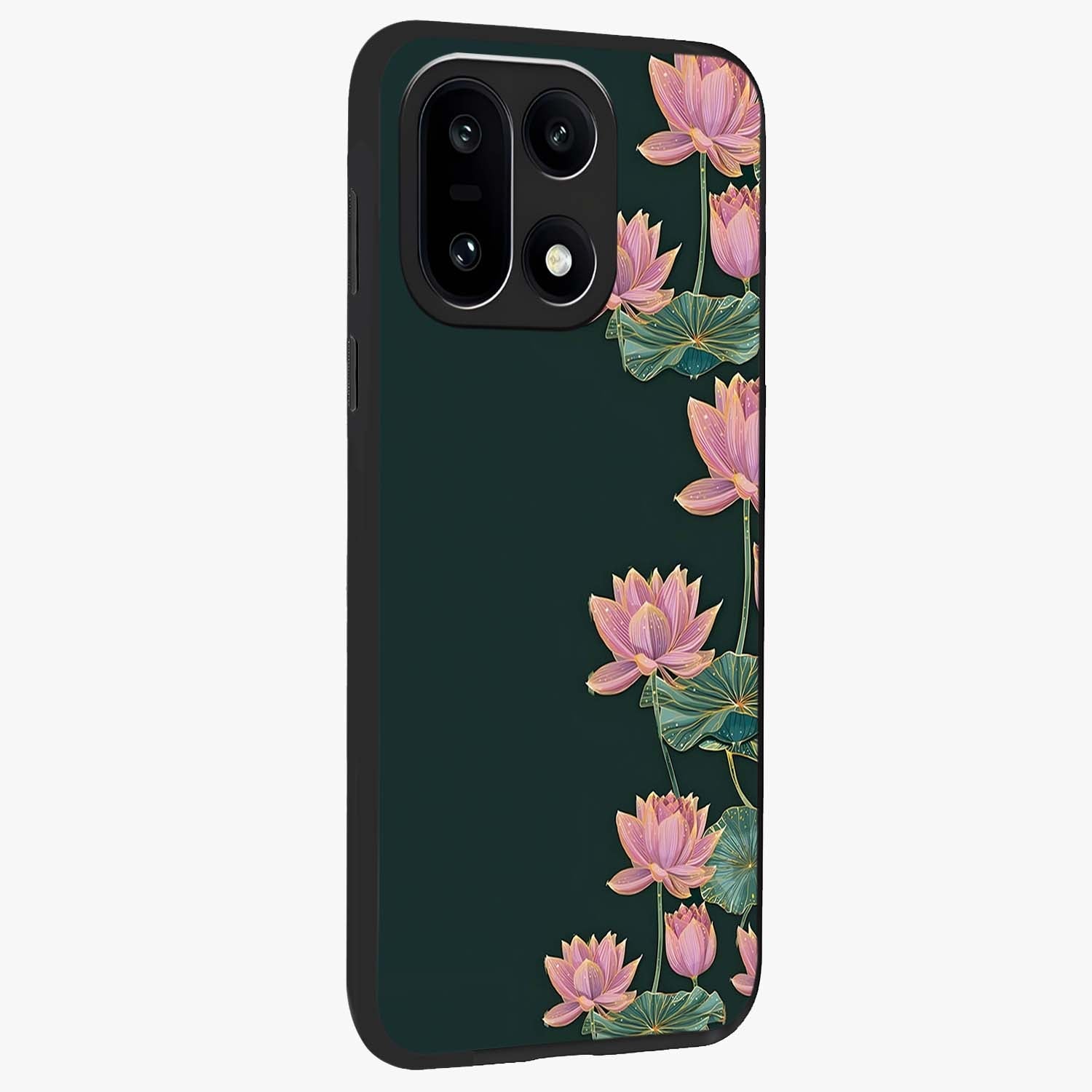 Lotus Bloom Serenity Glass Case for 1+15 side perspective highlighting delicate petal textures and premium edges