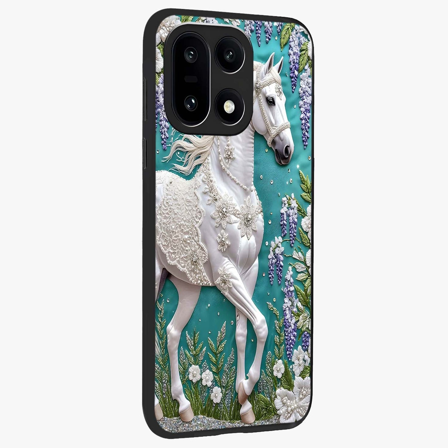 Majestic Floral Stallion Glass Case for 1+15 side perspective highlighting refined equestrian textures and premium edges