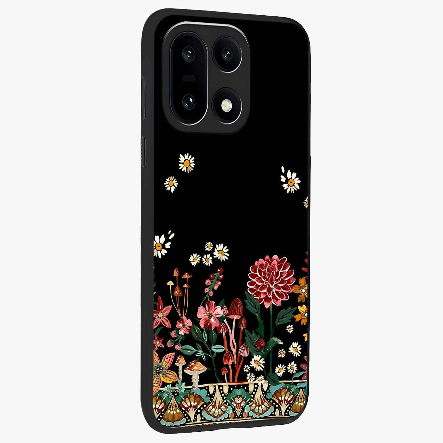 Midnight Bloom Pattern Glass Case for 1+15 side perspective highlighting intricate floral textures and premium edges