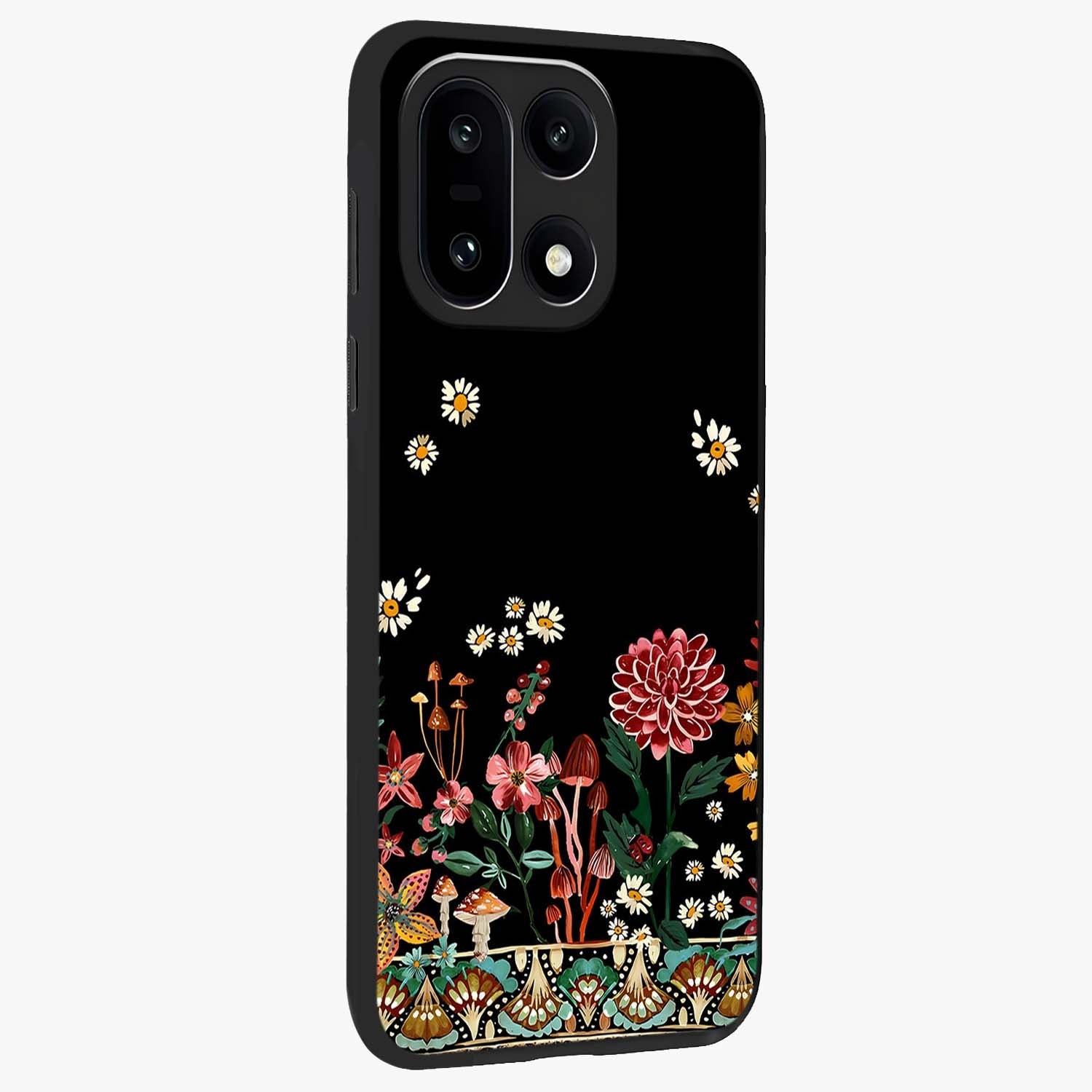 Midnight Bloom Pattern Glass Case for 1+15 side perspective highlighting intricate floral textures and premium edges