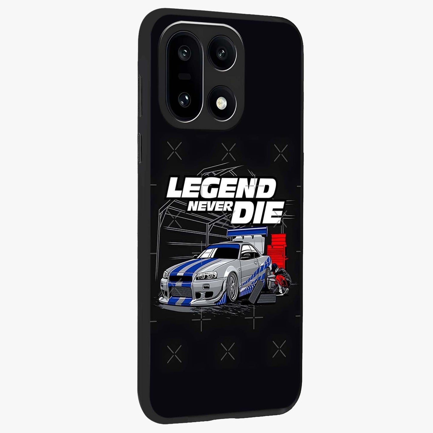 Midnight Racing Legacy Glass Case for 1+15 side perspective highlighting sleek speed textures and premium edges