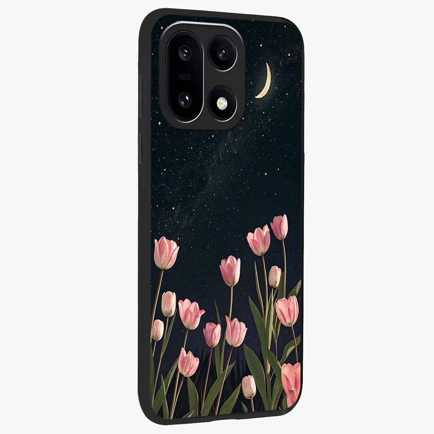Midnight Tulip Whispers Vibe Glass Case for 1+15 side perspective highlighting graceful floral textures and premium edges