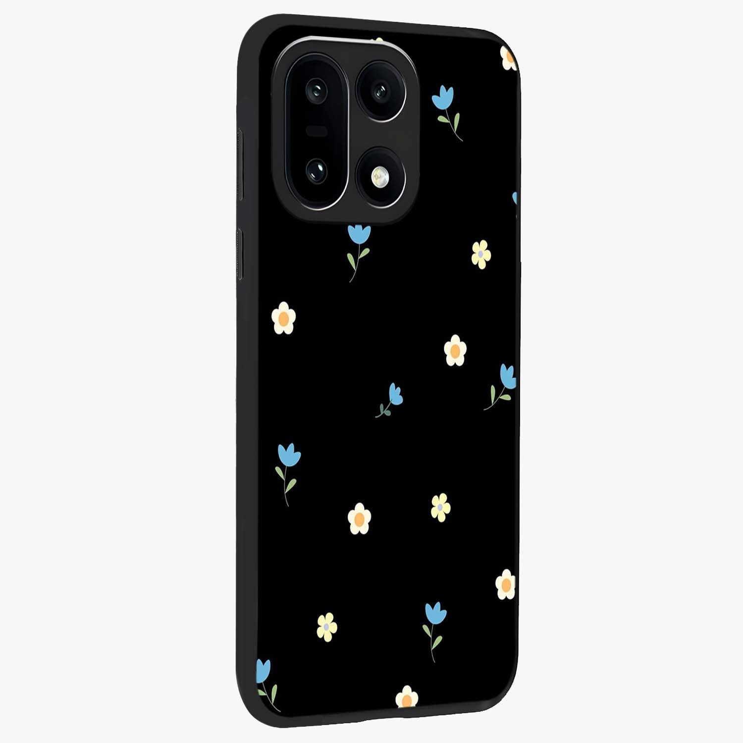 Minimalistic Blue With White Flower Pattern Glass Case for 1+15 side perspective highlighting subtle floral textures and premium edges