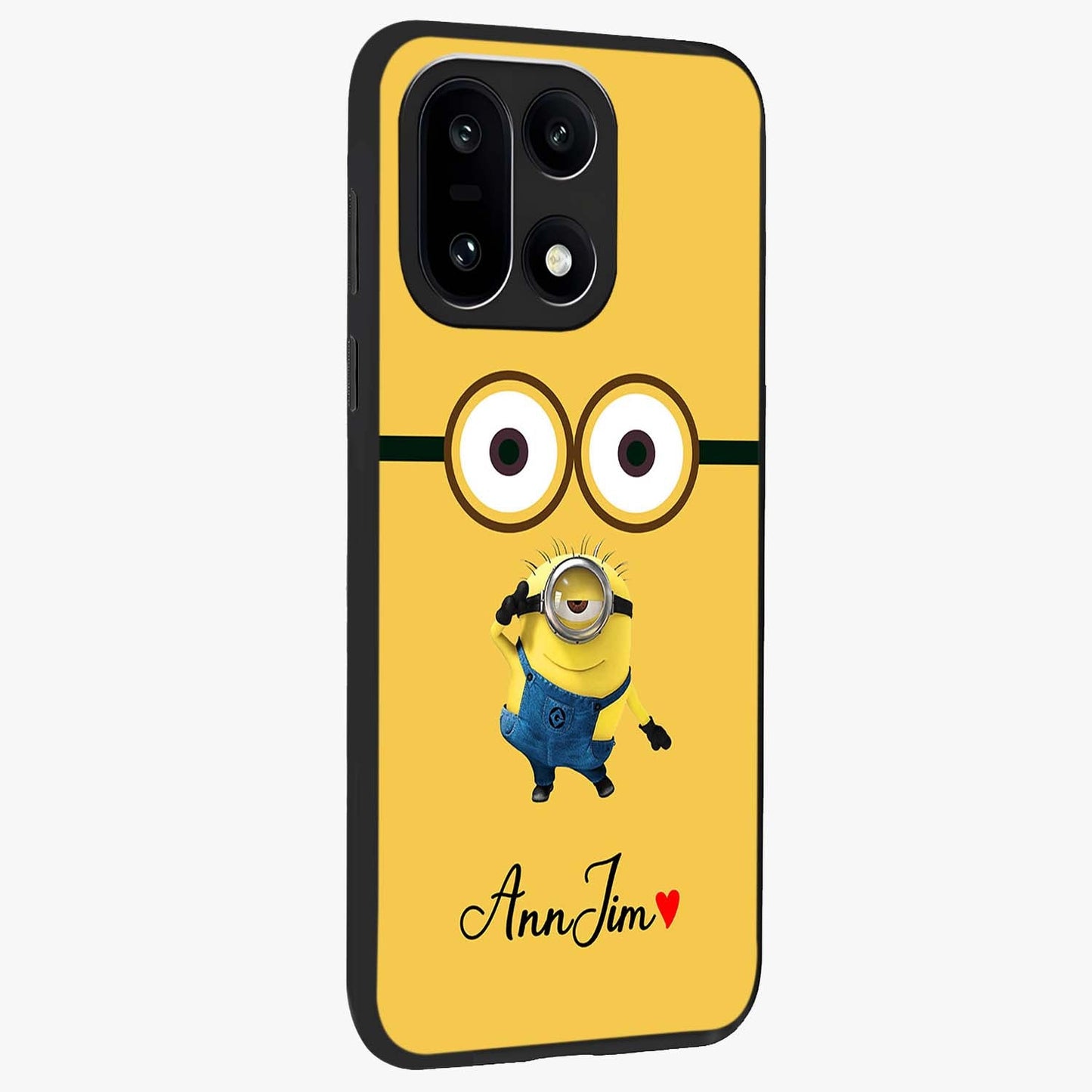 Minion Custom Name Glass Case for 1+15 side perspective highlighting custom typography and smooth premium build