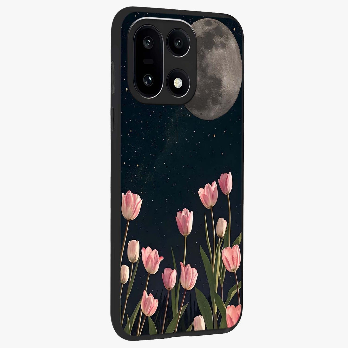 Moonlit Night Tulip Glass Case for 1+15 side perspective highlighting delicate petal textures and sleek build
