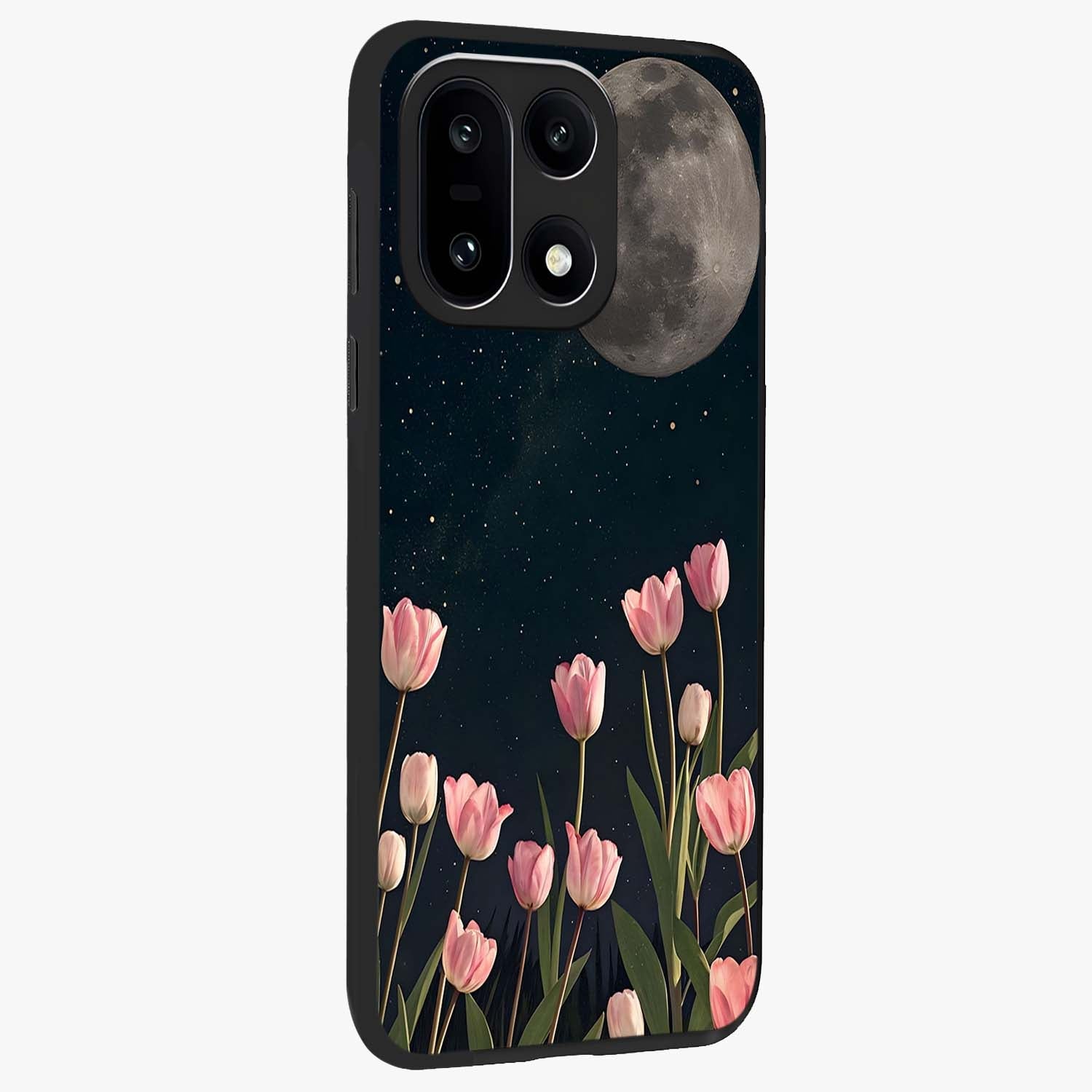 Moonlit Night Tulip Glass Case for 1+15 side perspective highlighting delicate petal textures and sleek build