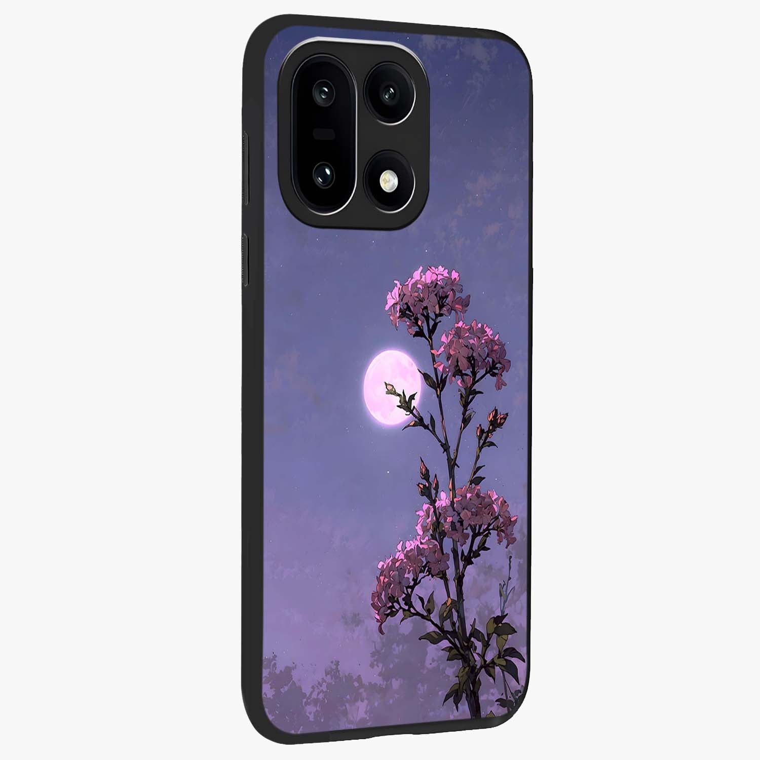 Moonlit Petal Night Glass Case for 1+15 side perspective highlighting graceful petal textures and smooth build