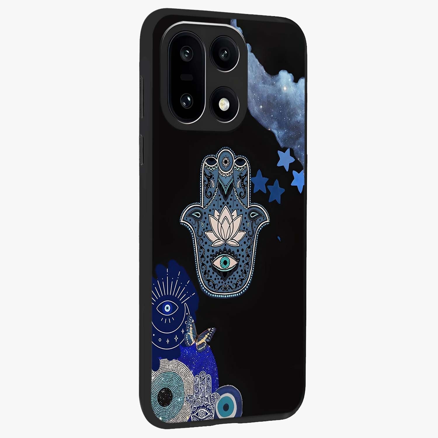 Mystic Hand Aura Glass Case for 1+15 side perspective highlighting subtle textures and sleek premium build