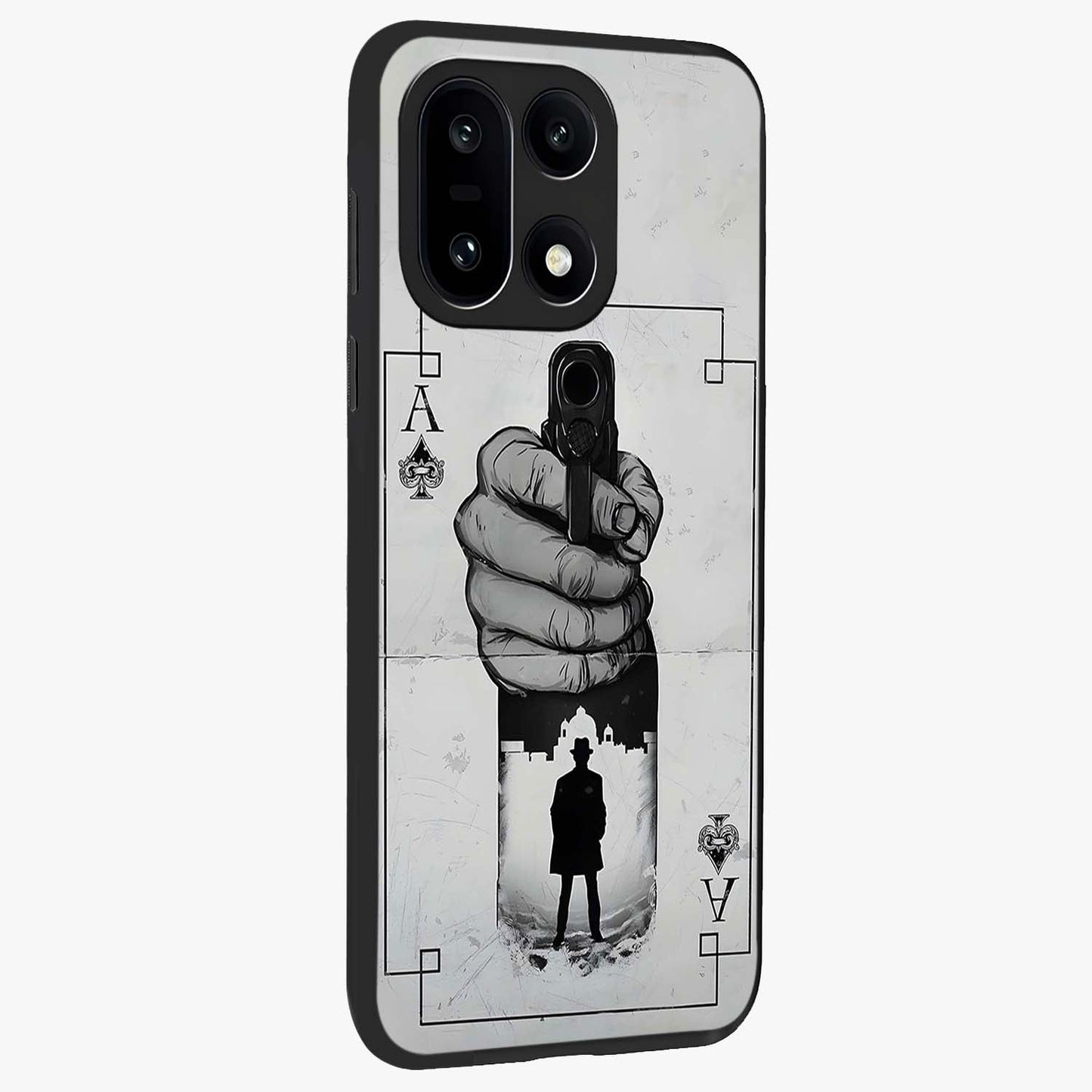 Noir Trigger Fate Glass Case for 1+15 side perspective highlighting strong contrast textures and premium edges