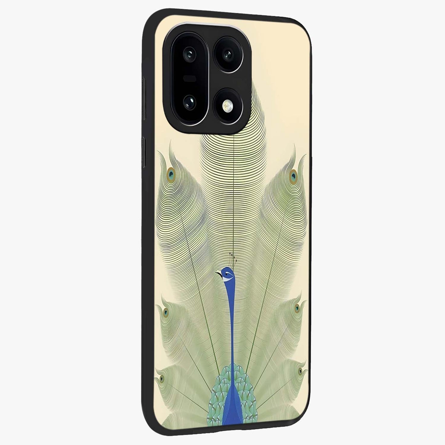 Peacock Feather Grace Glass Case for 1+15 side perspective highlighting intricate plume textures and premium edges
