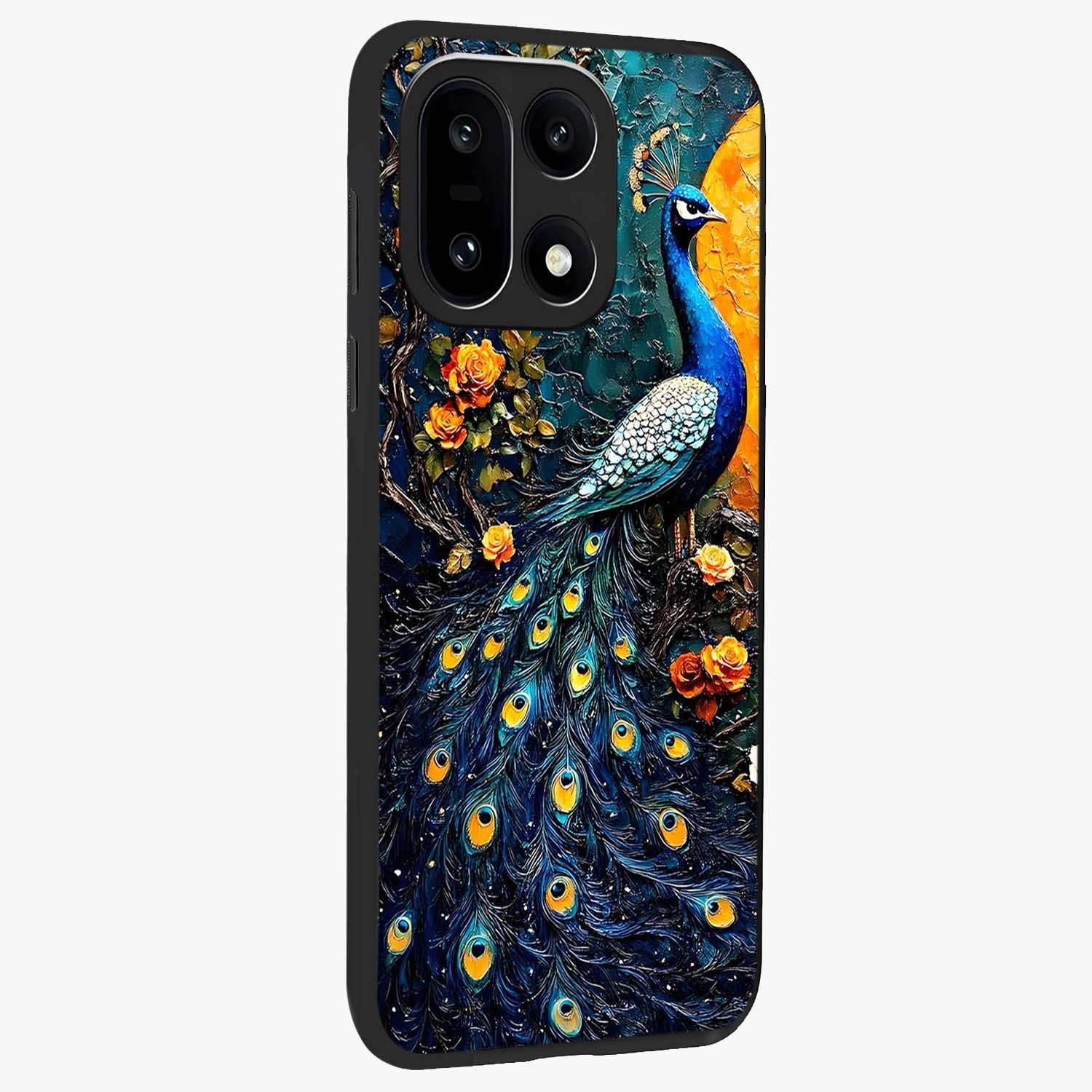 Peacock With Yellow Moon Glass Case for 1+15 side perspective highlighting vibrant plumage detailing and premium edges