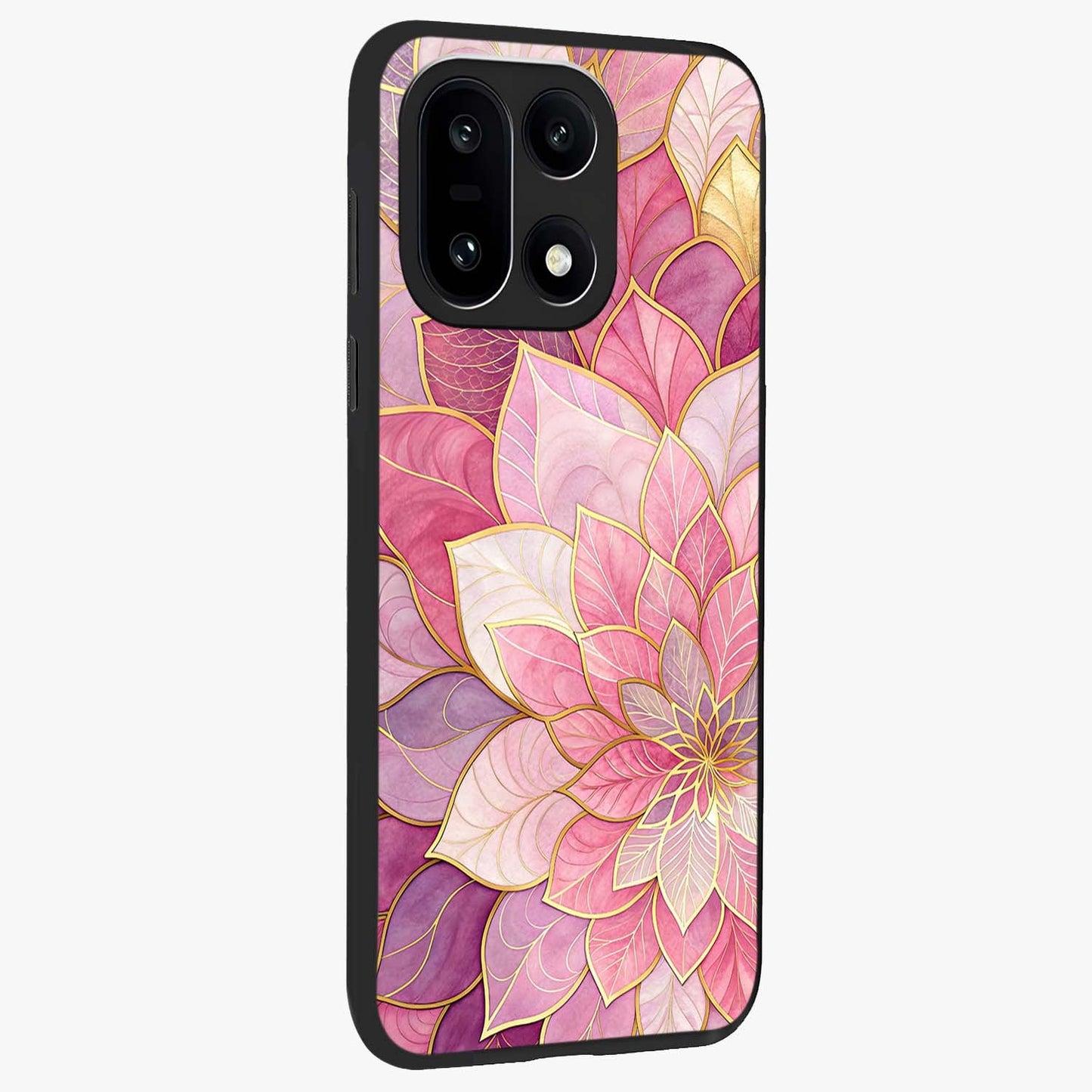 Petal Luxe Bloom Glass Case for 1+15 side perspective highlighting elegant textures and premium edge finish