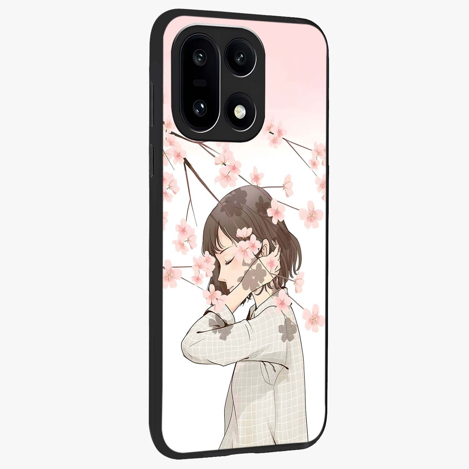 Pink Blossom Girl Glass Case for 1+15 side perspective highlighting elegant textures and premium edges
