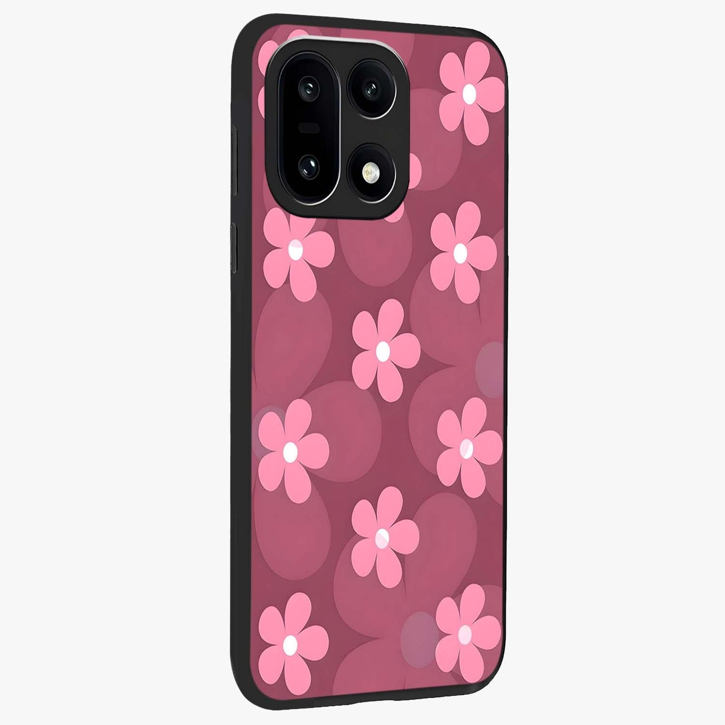 Pink Daisy Flower Pattern Glass Case for 1+15 side perspective highlighting bright floral textures and smooth build