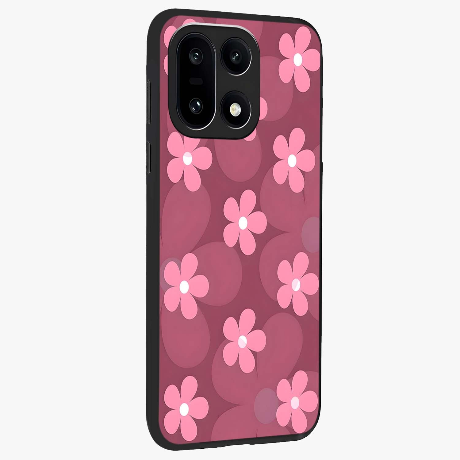 Pink Daisy Flower Pattern Glass Case for 1+15 side perspective highlighting bright floral textures and smooth build