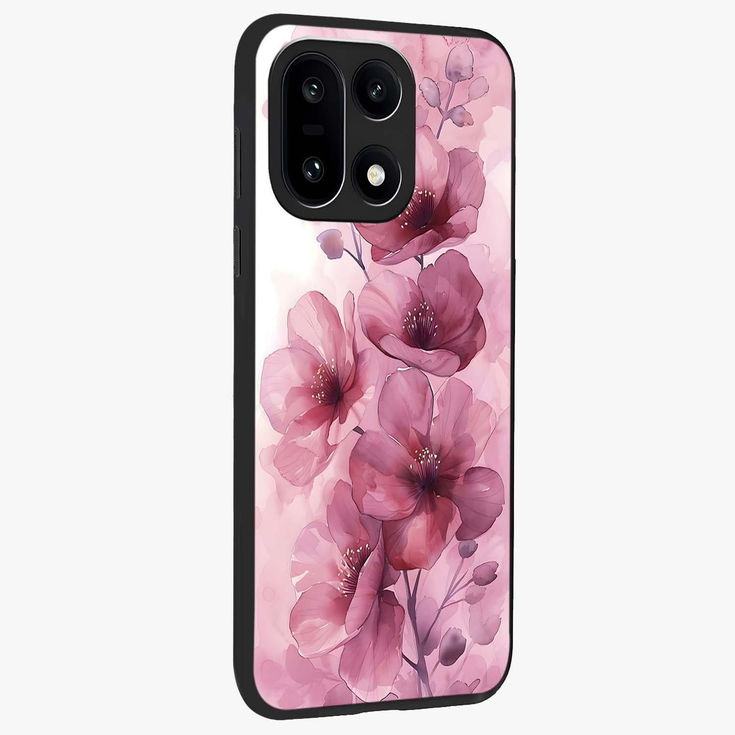Pink Floral Glass Case for 1+15 side perspective highlighting subtle floral textures and premium edges