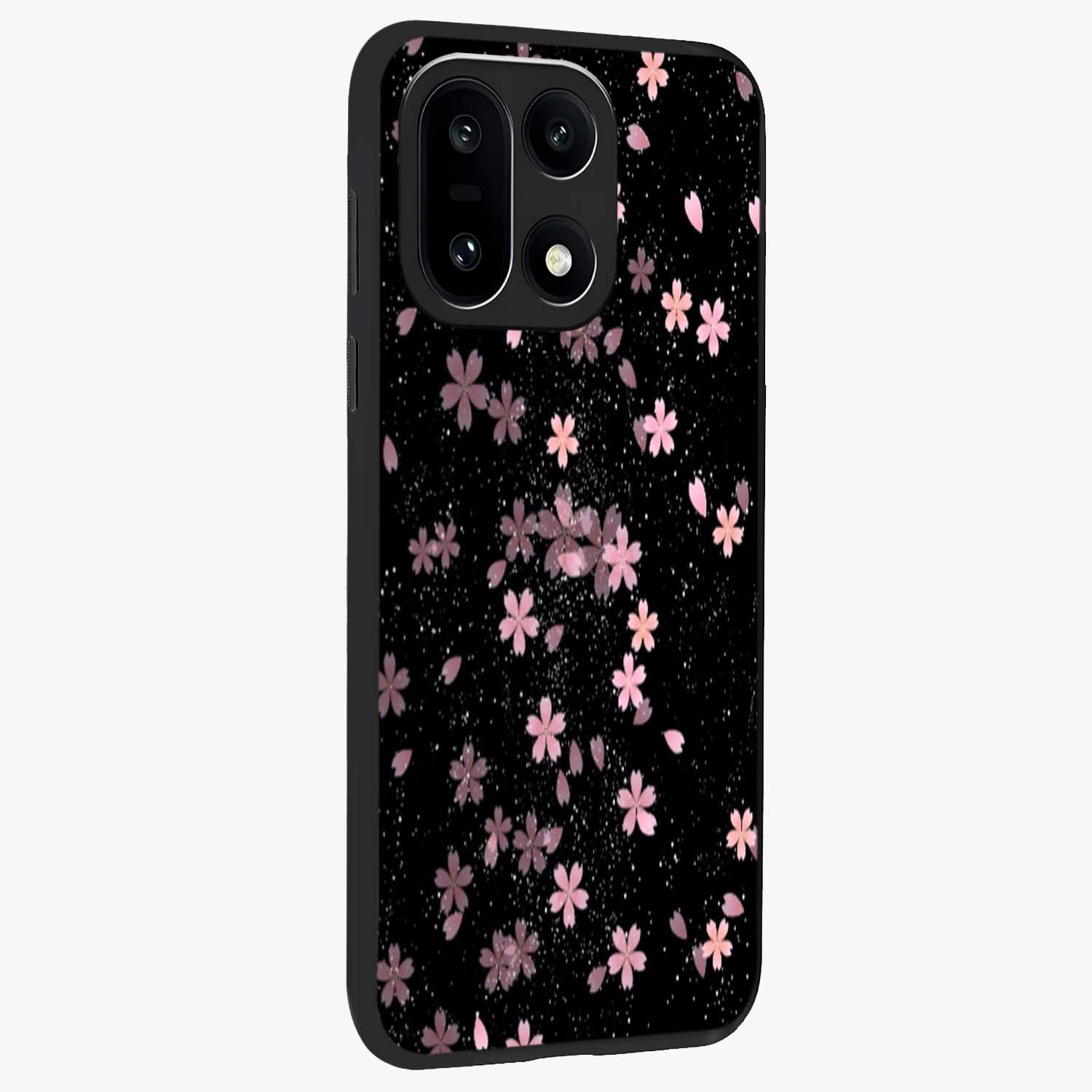Pink Flower Black Background Glass Case for 1+15 side perspective highlighting vivid bloom textures and sleek build