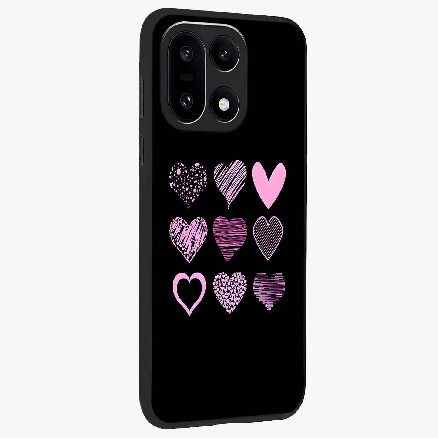 Pink Heart Aesthetic Glass Case for 1+15 side perspective highlighting smooth textures and premium edge finish