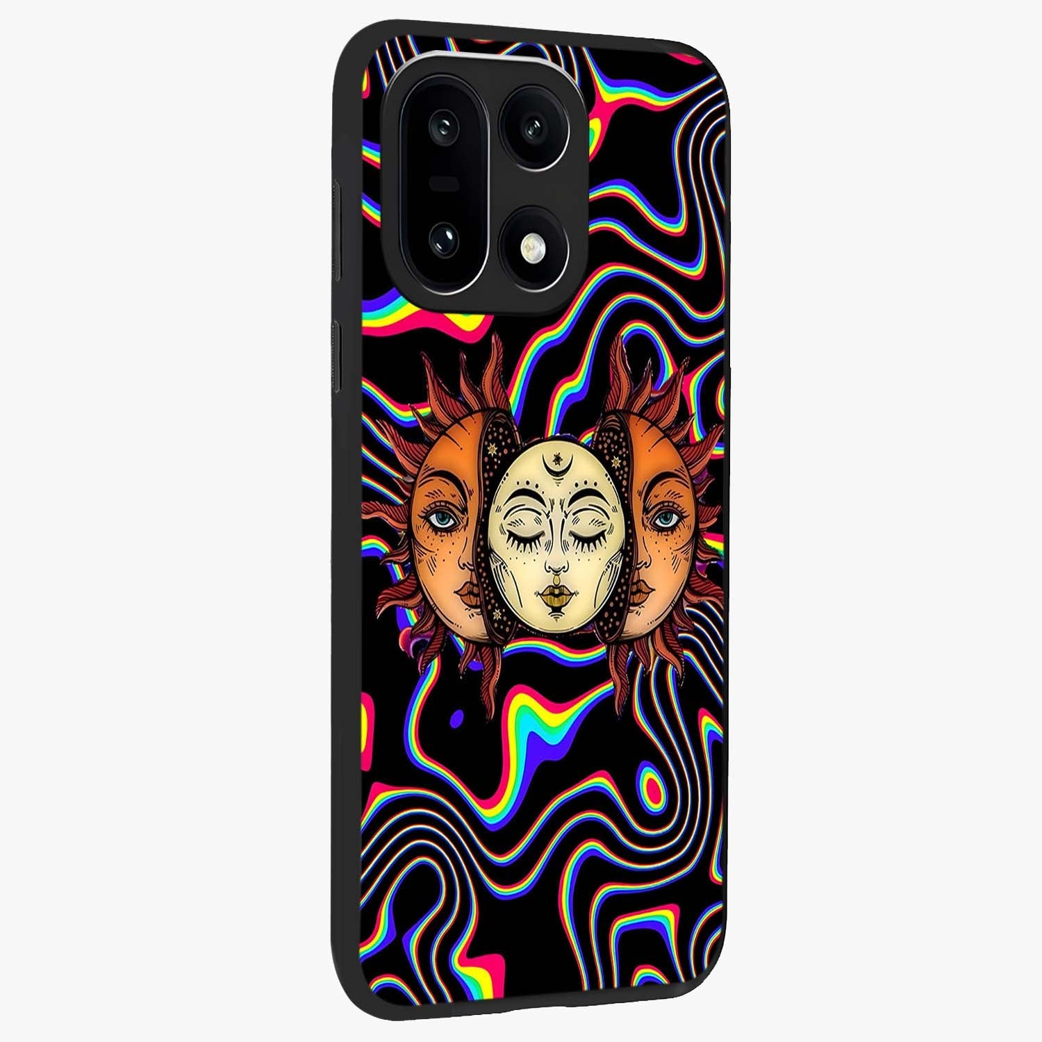 Psychedelic Sun Glass Case for 1+15 side perspective highlighting vivid gradients and premium edge finish