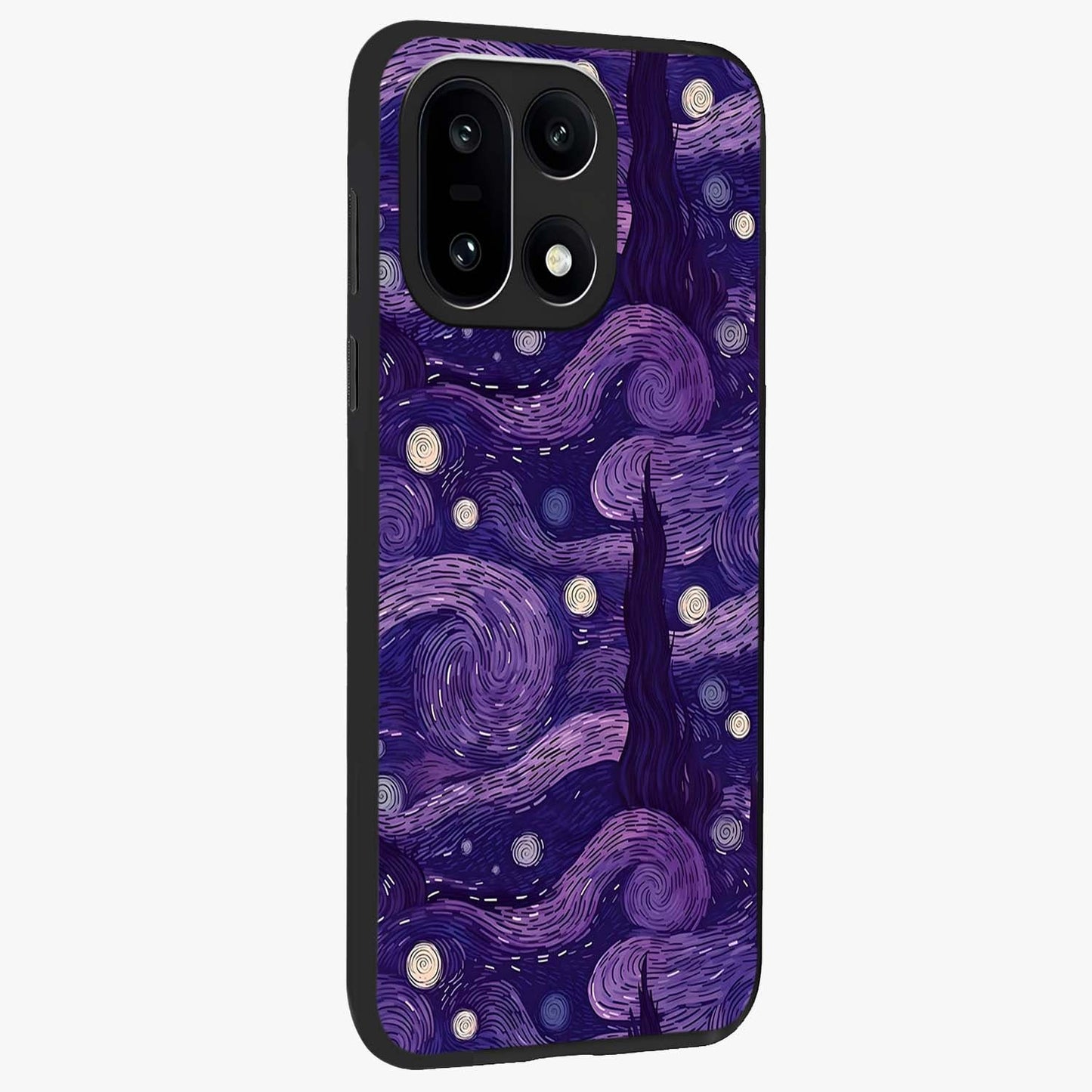 Purple Swirls Glass Case for 1+15 side perspective highlighting fluid textures and sleek premium build