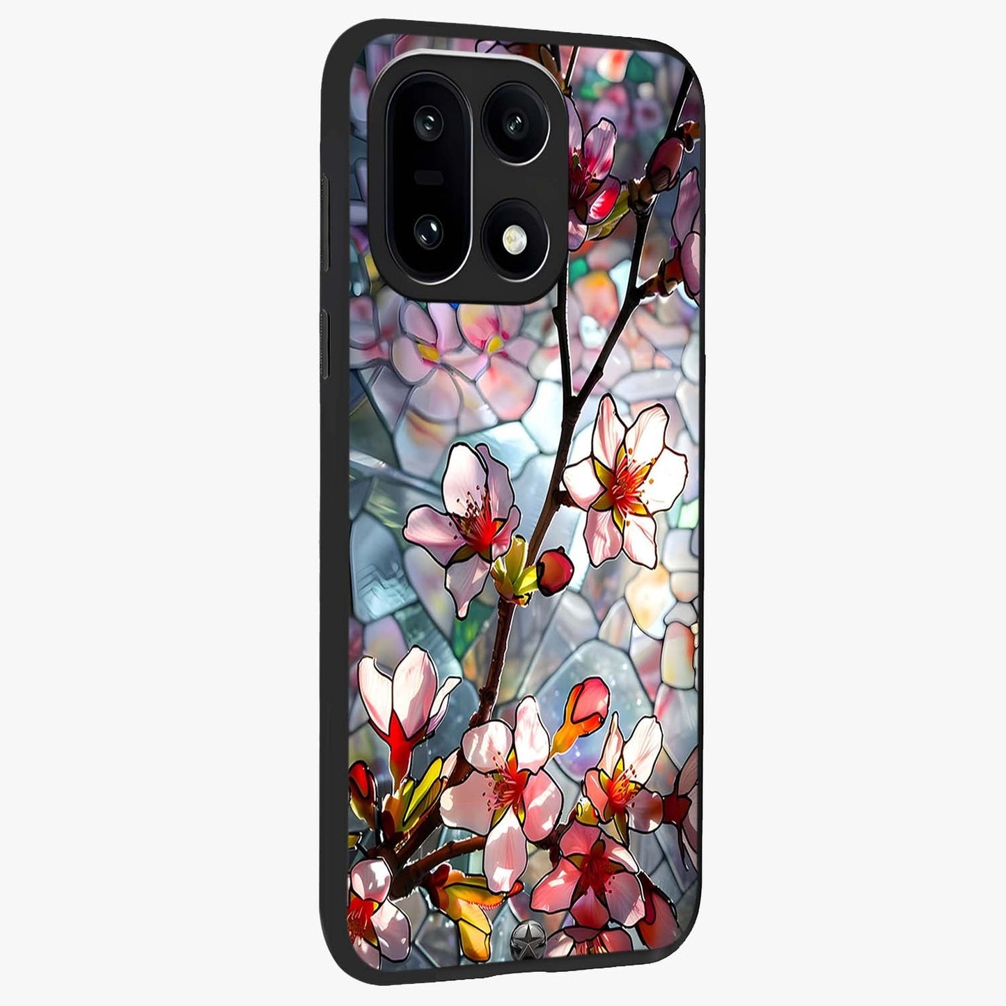 Radiant Bloom Glow Glass Case for 1+15 side perspective highlighting radiant textures and sleek premium build