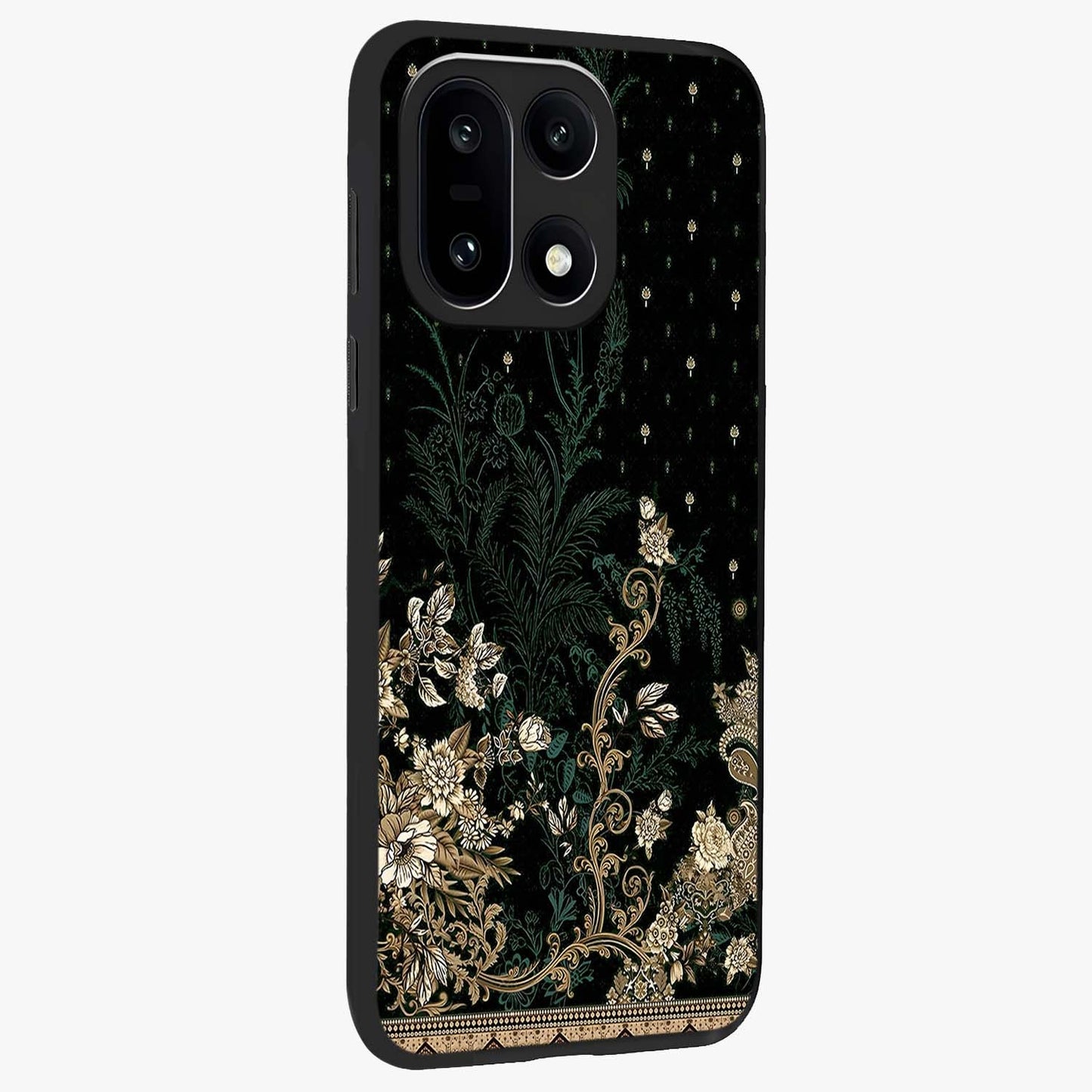 Regal Botanical Tapestry Glass Case for 1+15 side perspective highlighting detailed floral textures and sleek premium build