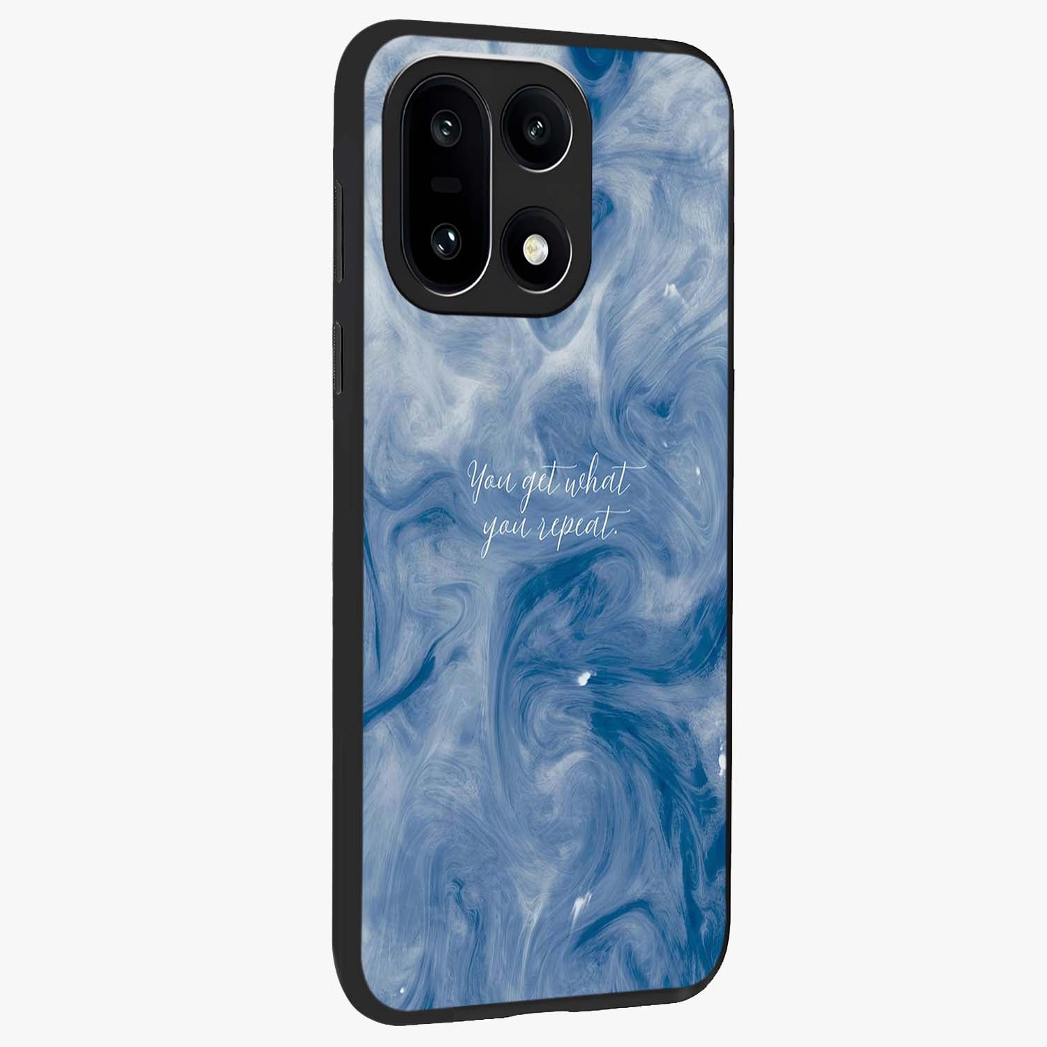Repeat Your Destiny Glass Case for 1+15 side perspective highlighting strong text textures and premium edges