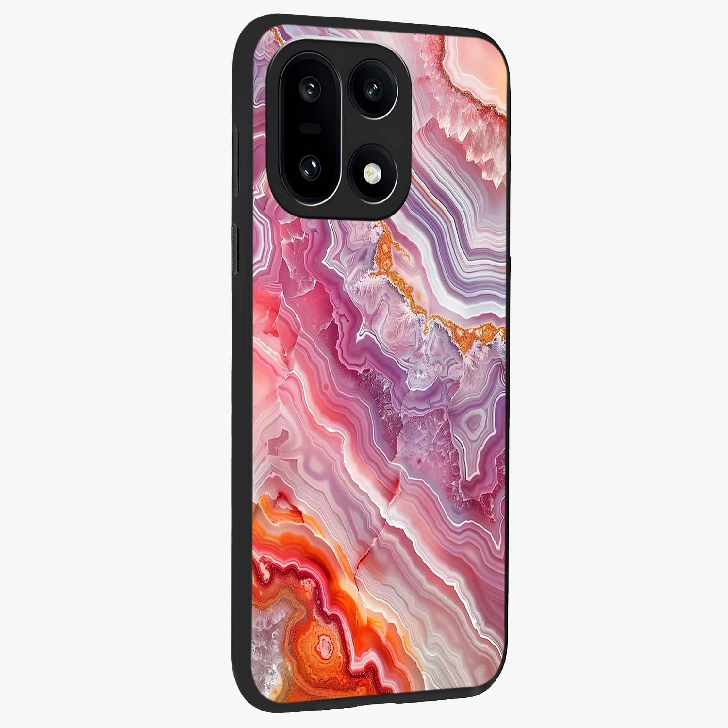 Rose Quartz Marble Glass Case for 1+15 side perspective highlighting refined marble textures and sleek premium build