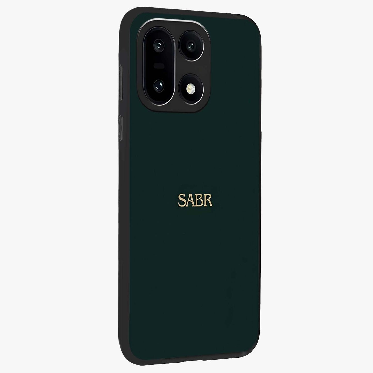 Sabr Minimal Patience Glass Case for 1+15 side perspective highlighting elegant text detailing and sleek build