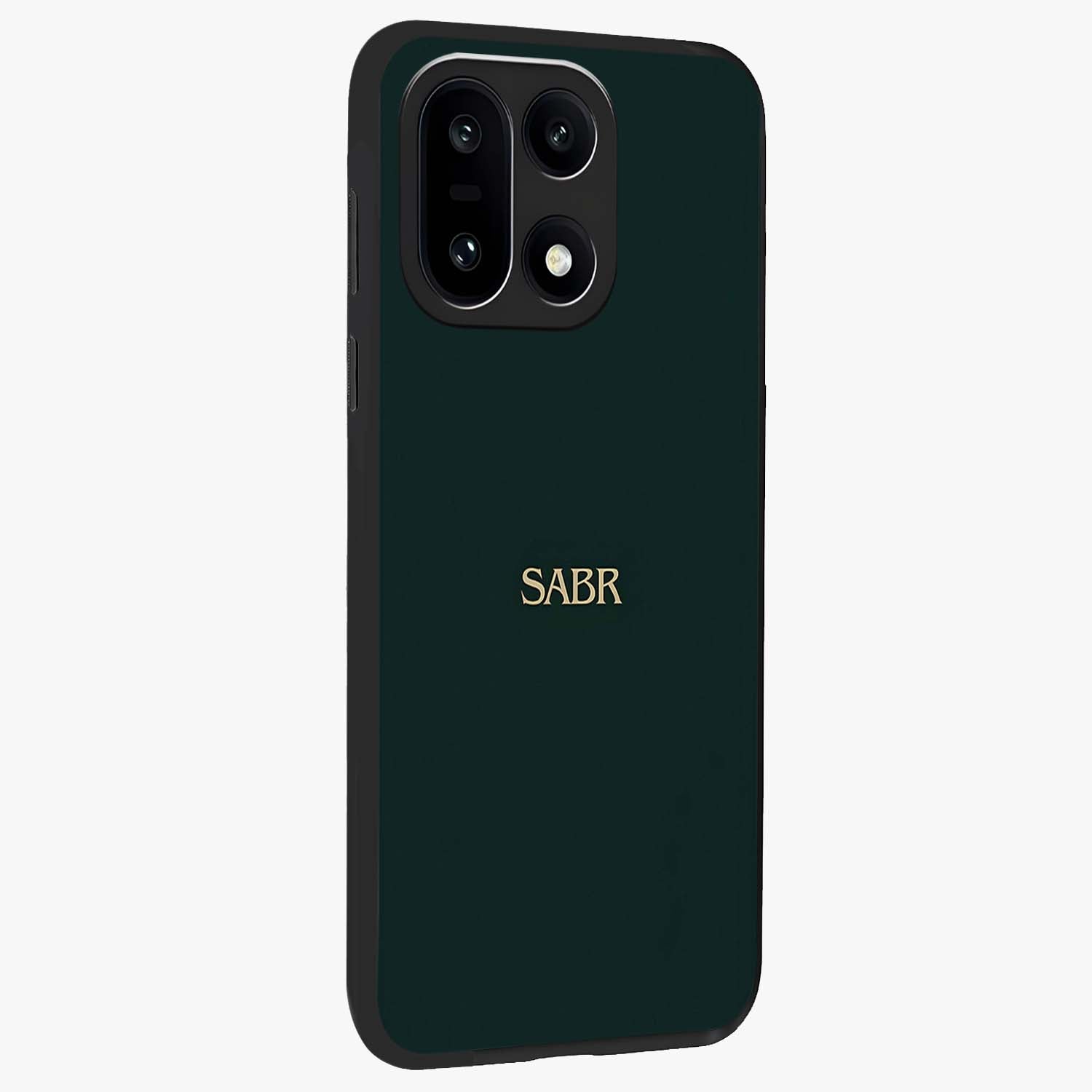 Sabr Minimal Patience Glass Case for 1+15 side perspective highlighting elegant text detailing and sleek build