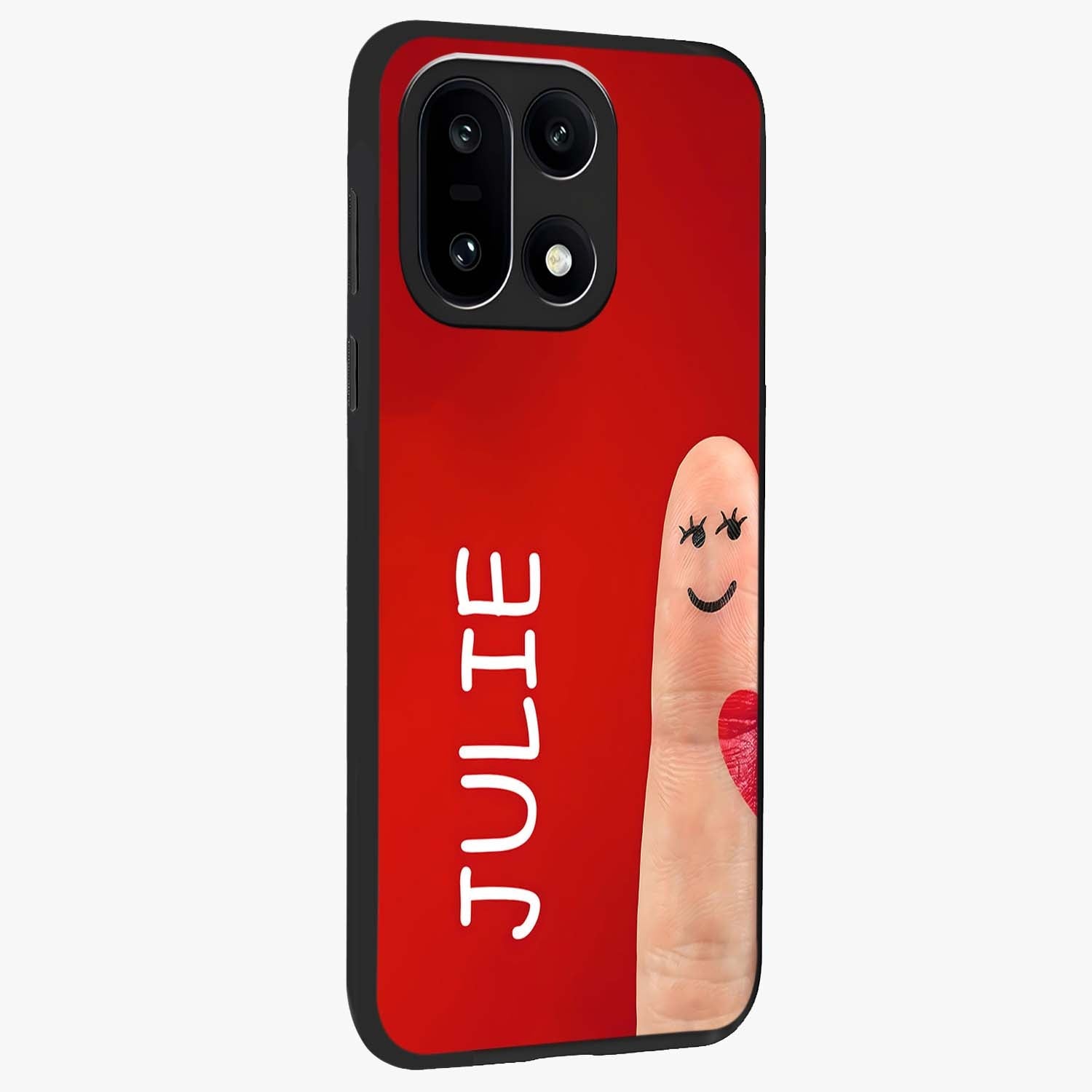 Smiling Love Sign Glass Case for 1+15 side perspective highlighting playful textures and premium edges