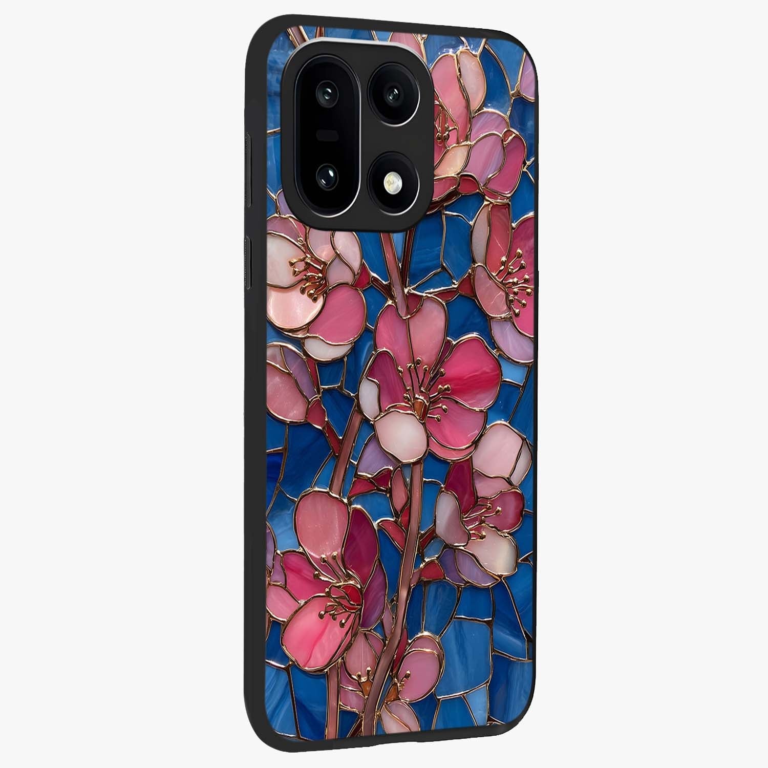 Stained Bloom Grace Glass Case for 1+15 side perspective highlighting intricate bloom textures and smooth premium build