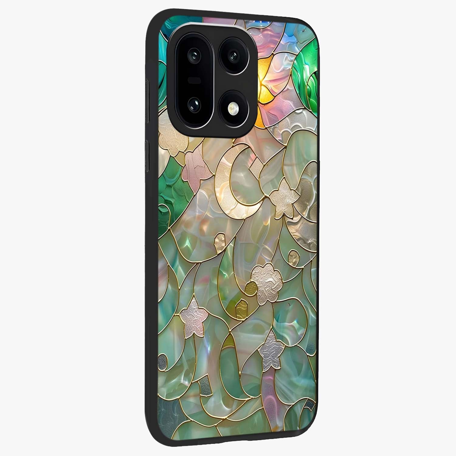 Stained Sunrise Glow Glass Case for 1+15 side perspective highlighting luminous textures and sleek premium build