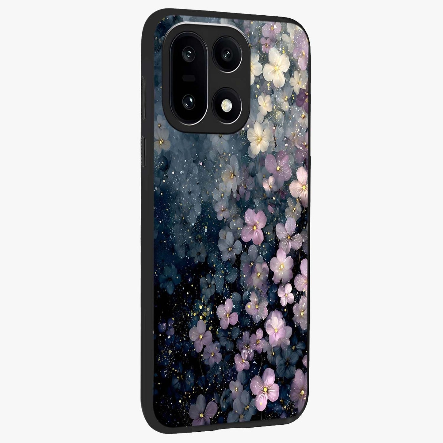 Starlit Blossom Dreams Glass Case for 1+15 side perspective highlighting delicate bloom textures and smooth build