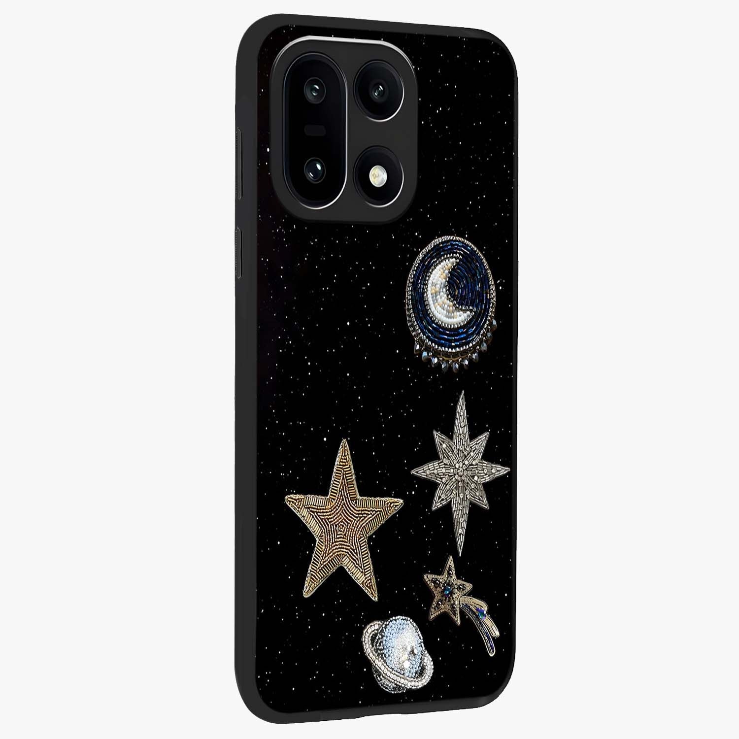 Starlit Cosmic Dreams Glass Case for 1+15 side perspective highlighting luminous textures and premium edges