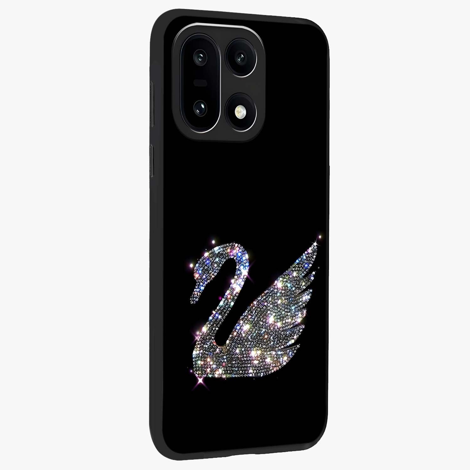 Starlit Swan Grace Glass Case for 1+15 side perspective highlighting elegant feather textures and smooth build