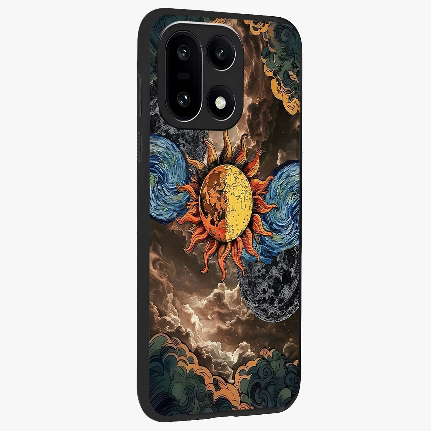 Sun Moon Stormy Sky Glass Case for 1+15 side perspective highlighting intense sky textures and premium edges