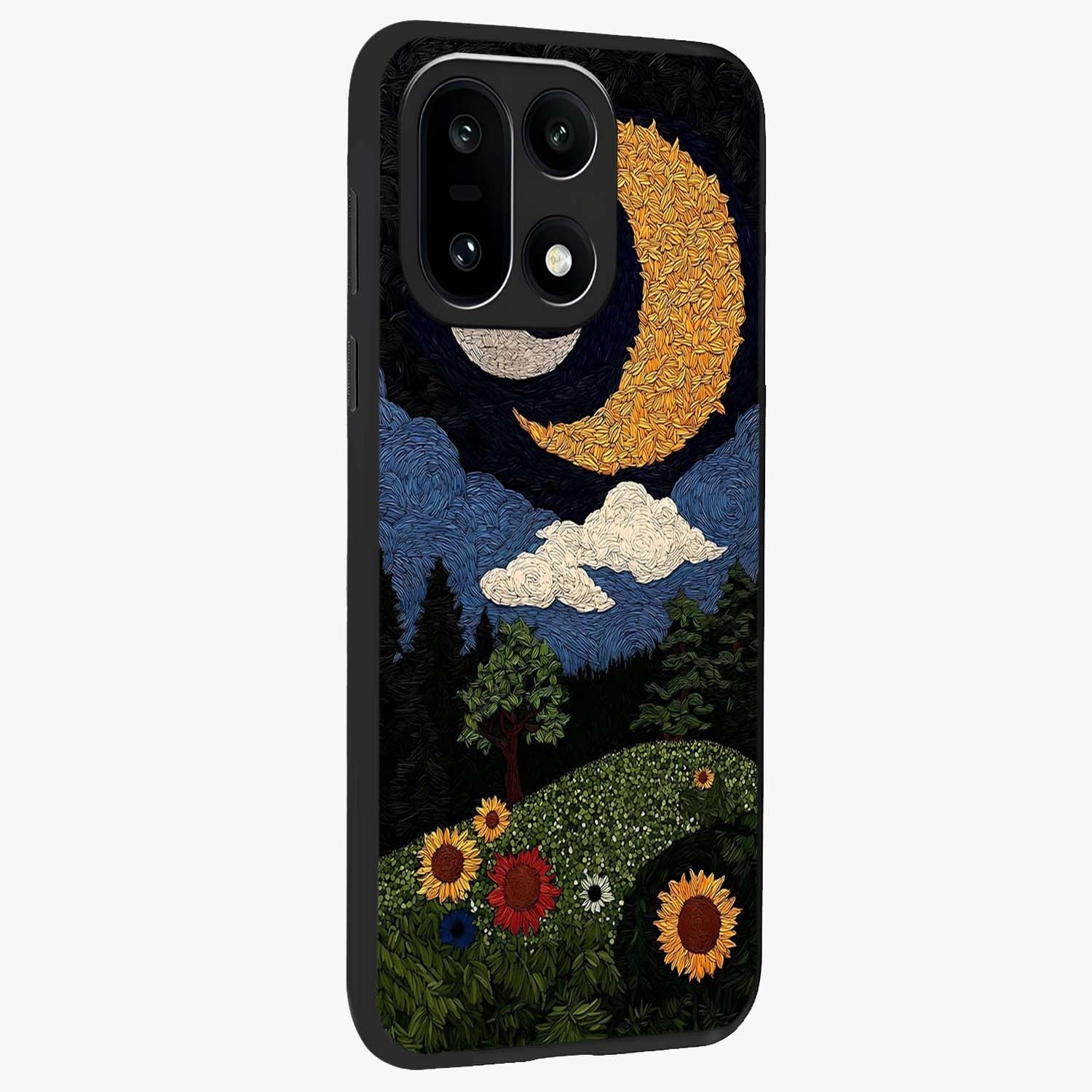 Sun and Moonflowers Glass Case for 1+15 side perspective highlighting colorful bloom textures and smooth build