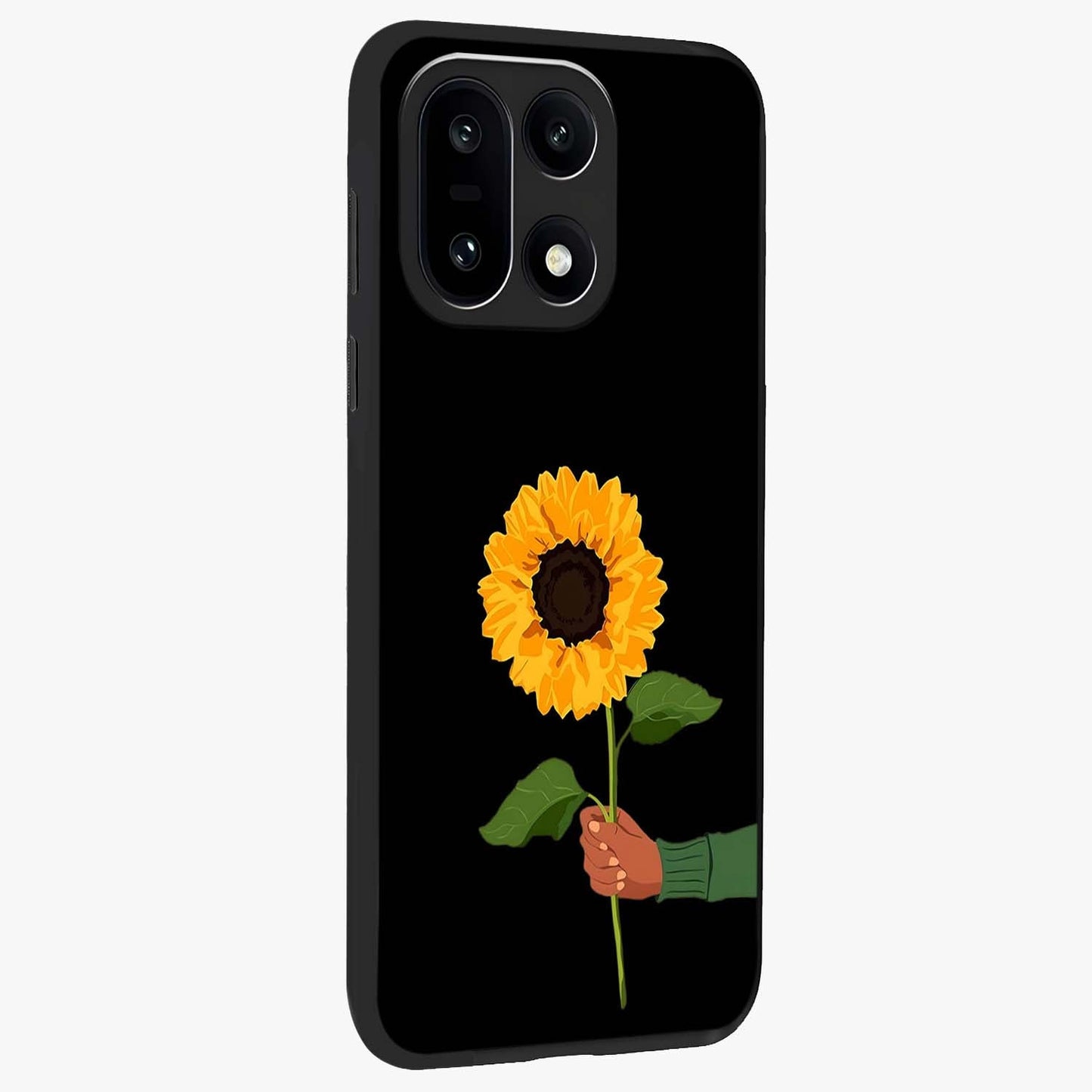 Sunflower Custom Name Glass Case for 1+15 side perspective highlighting custom typography and vibrant bloom textures