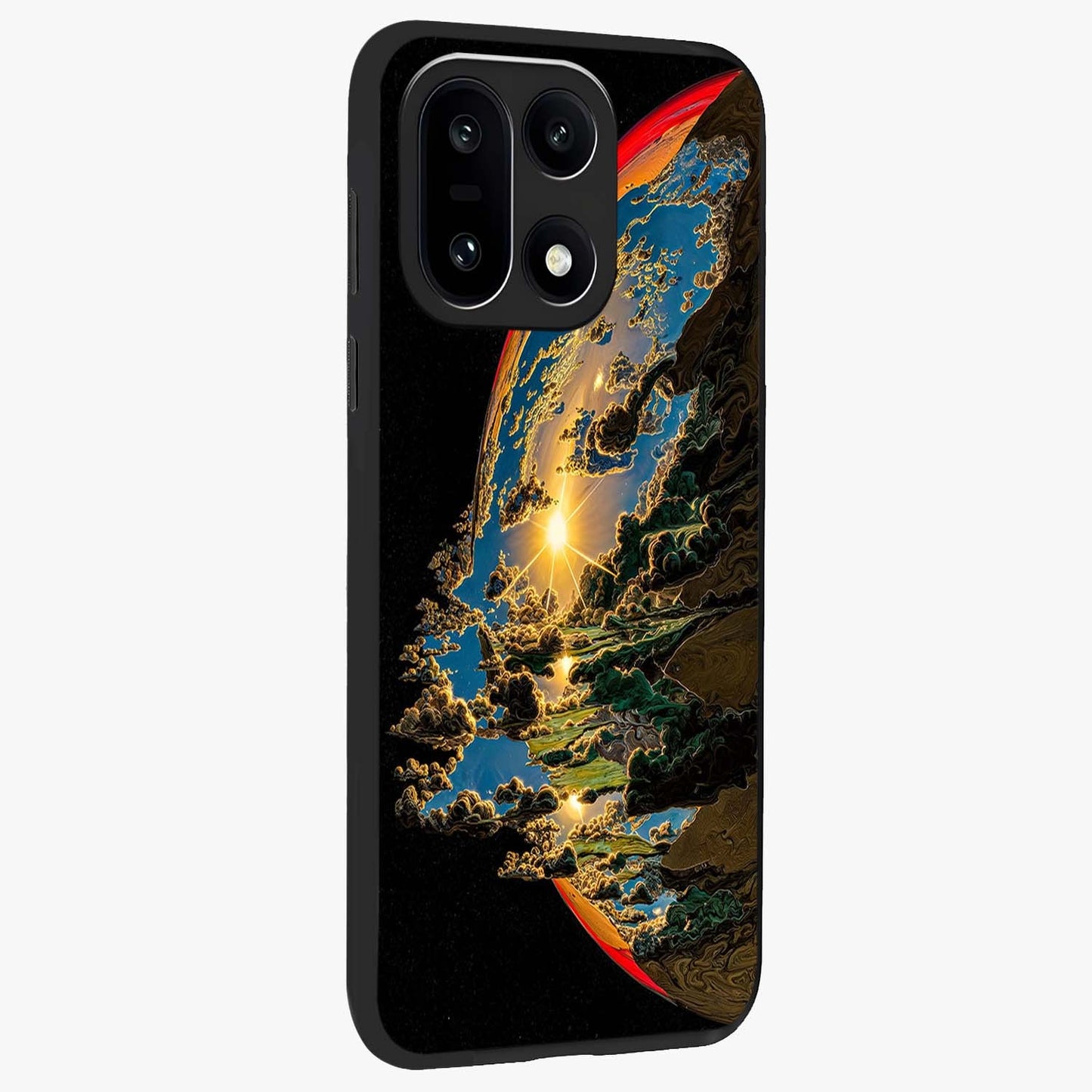 Sunrise Bursting Glass Case for 1+15 side perspective highlighting glowing sky textures and premium edges