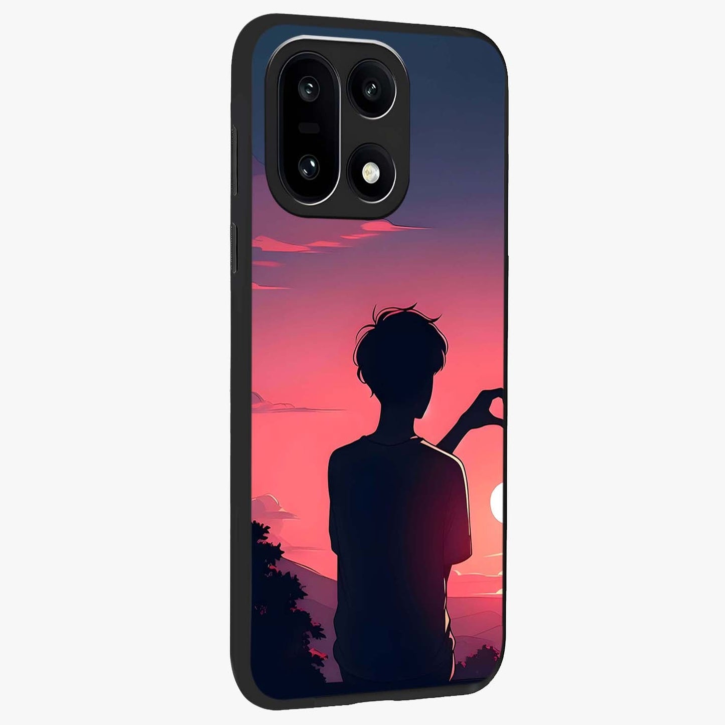 Sunset Silhouette Girl Glass Case for 1+15 side perspective highlighting soft scenic textures and sleek premium build