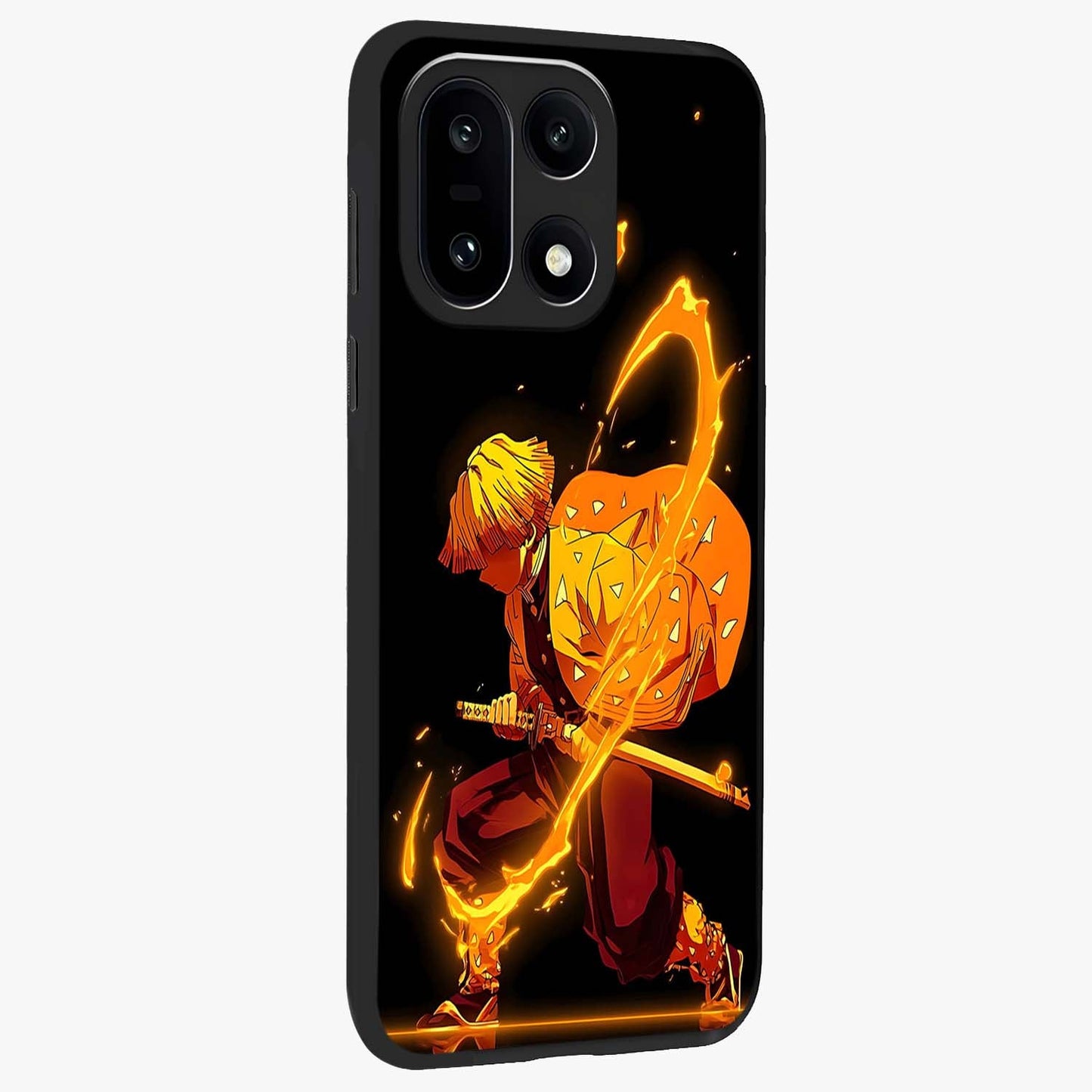 Thunder Flame Execution Glass Case for 1+15 side perspective highlighting fiery textures and premium edge finish