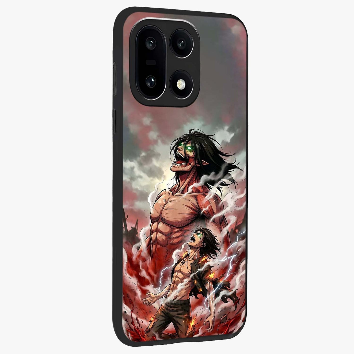 Titan Awakening Fury Glass Case for 1+15 side perspective highlighting bold textures and premium edge finish