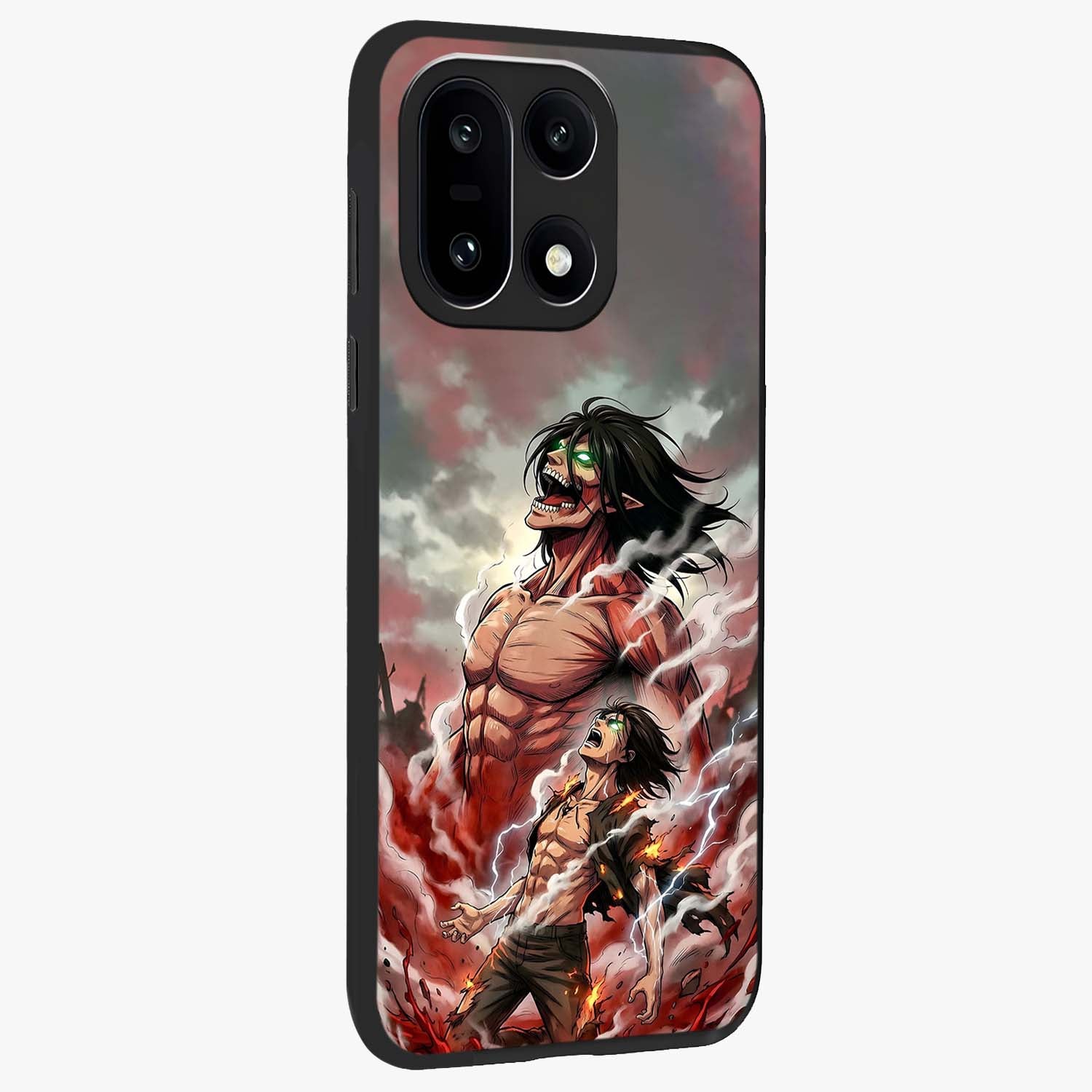 Titan Awakening Fury Glass Case for 1+15 side perspective highlighting bold textures and premium edge finish