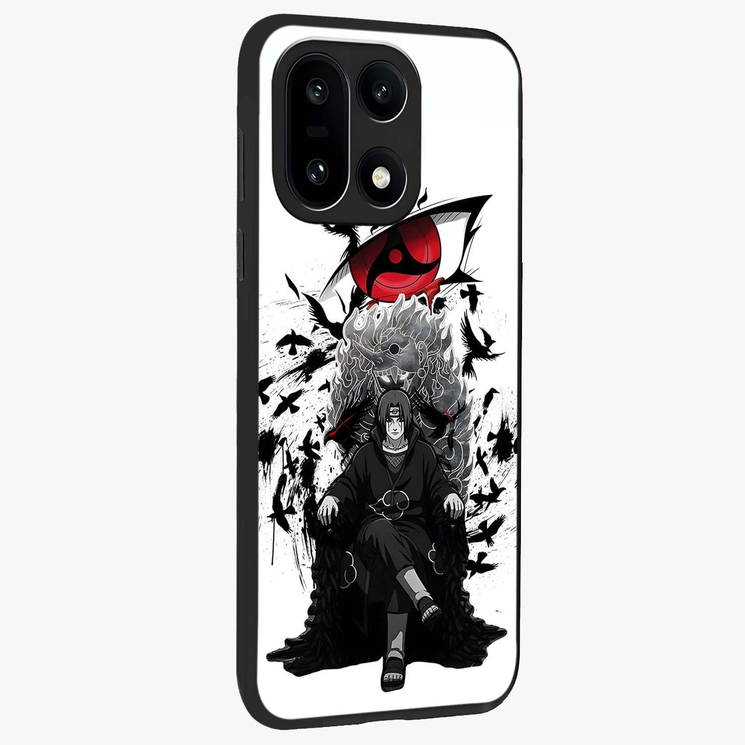 Uchiha Shadow Throne Glass Case for 1+15 side perspective highlighting bold character textures and premium edges